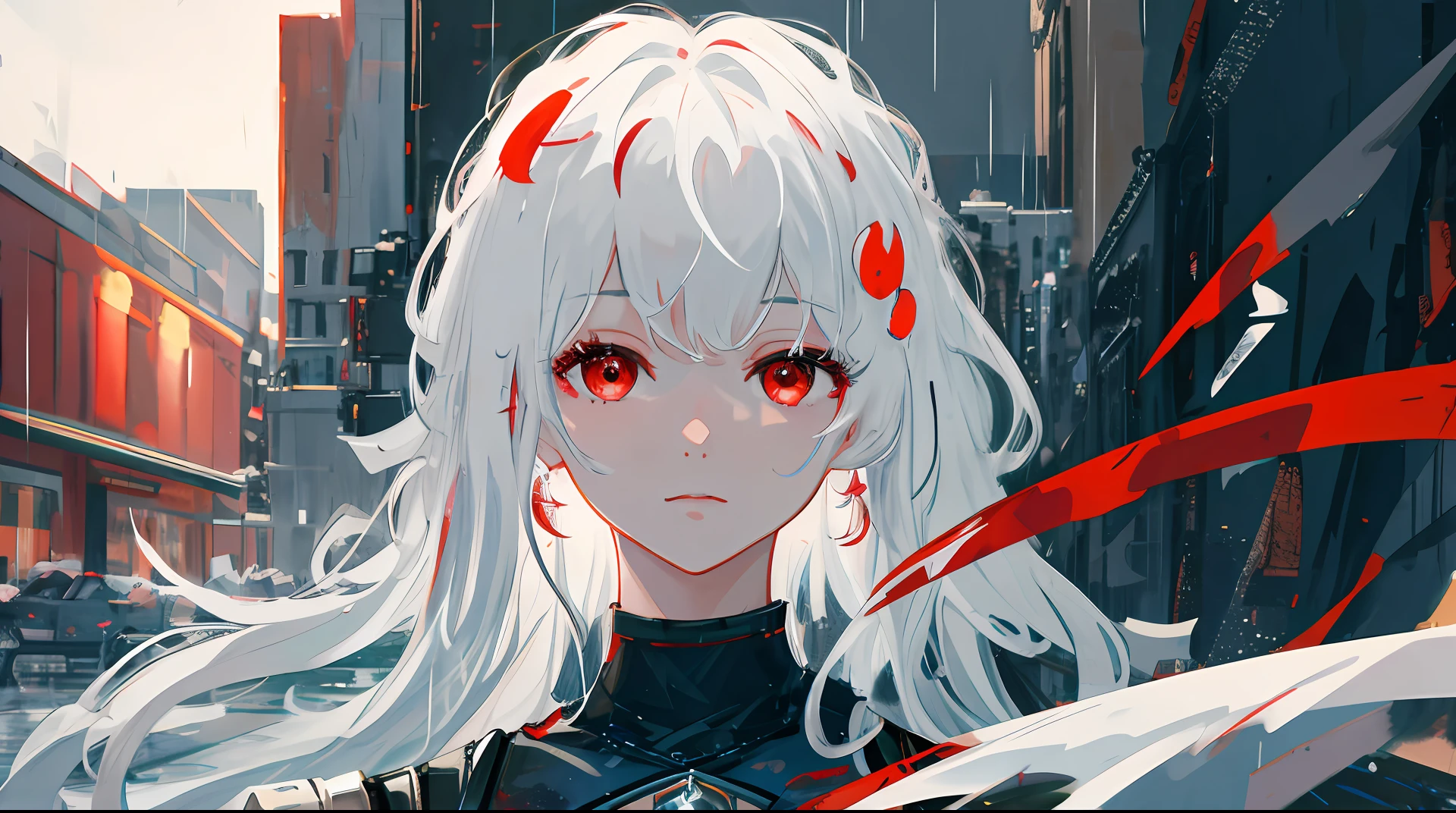 masterpiece, best quality, extremely detailed, cinematic lightning, intricate detail, highres, official art, finely detailed beautiful face and eyes, high resolution illustration, 8k, depth of field, bokeh, solo, 1girl, a girl with white hair and red eyes, long white hair, beautiful red eyes, beautiful landscape, rainy city, upper body, looking at viewer, close up