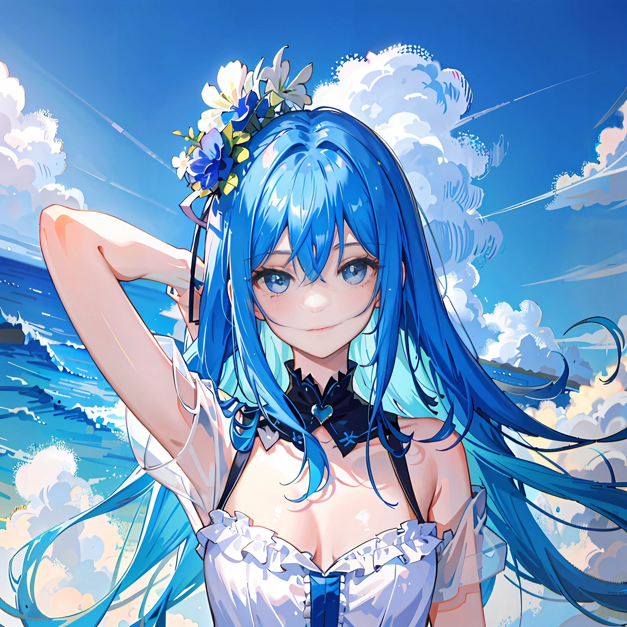 Masterpiece, best quality , 1 girl, blue hair, blue eyes, happy