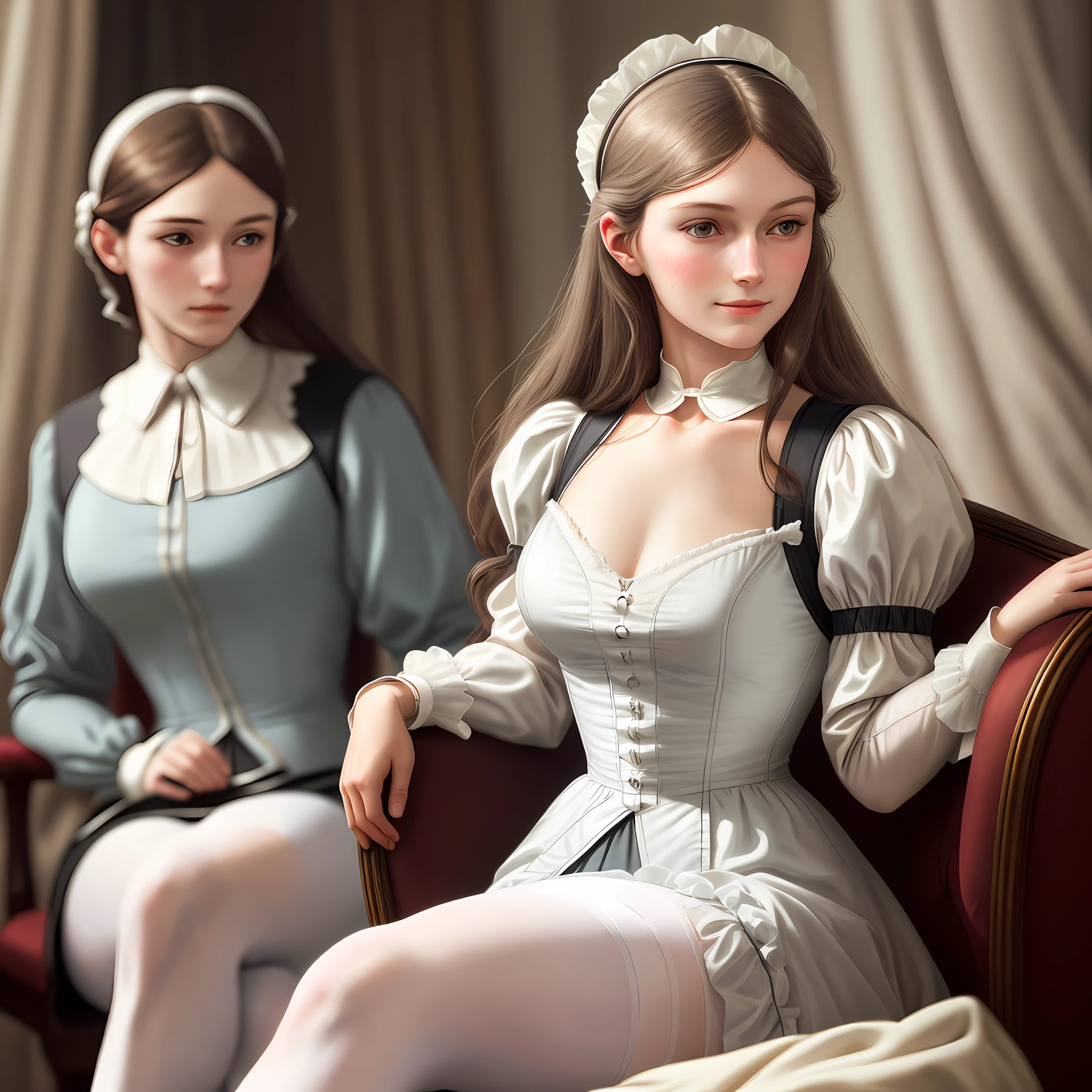 Florence Nightingale, (ballet clothes), sitting on a chair, smiling, ((realistic face)), white gloves, formal shirt, white tights, loose collar buttons, nipple bumps, long loose hair, face with herself, noble features, open legs, looking away, shyness, blushing (delicate illustration: 1.4), (Renaissance art: 1.4), (ultra high definition: 1.2), ( Photorealistic: 1.4), (8K, RAW photo: 1.2), (soft focus: 1.4), (18 years old: 1.3), (sharp focus: 1.4), beautiful face with attention to detail, pure rose face_V1