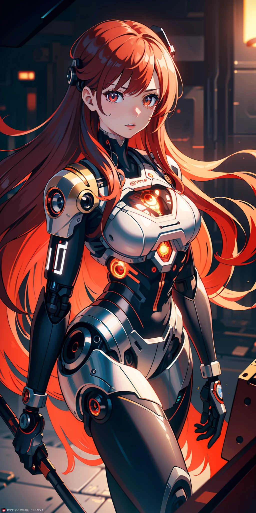 (extremely detailed CG unity 8k wallpaper), (finely detailed beautiful eyes: 1.2), (1 girl), (cyborg:1.3), (high-tech), (long crimson hair:1.2), (anime:1.2), Futurism, depth of field, (masterpiece:1.2), (best quality), 4K, high details