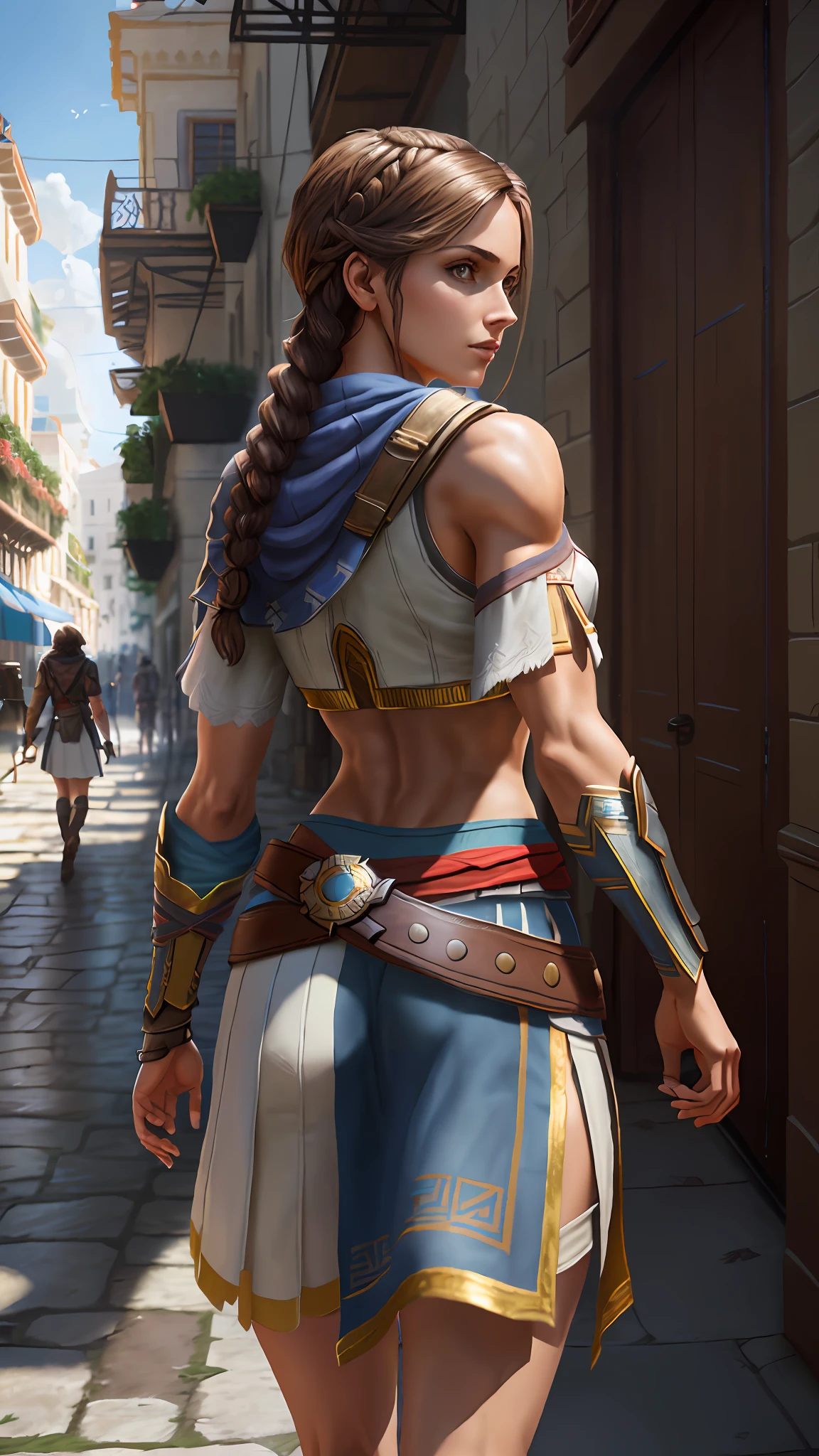 Solo, Kassandra (from assassin's creed oyssey, 1female, stron, toned abs, brown hair with side braids, brown eyes, light brown skin, Greek) walking on the street (photo from behind). ((masterpiece), best quality, ultra high resolution)