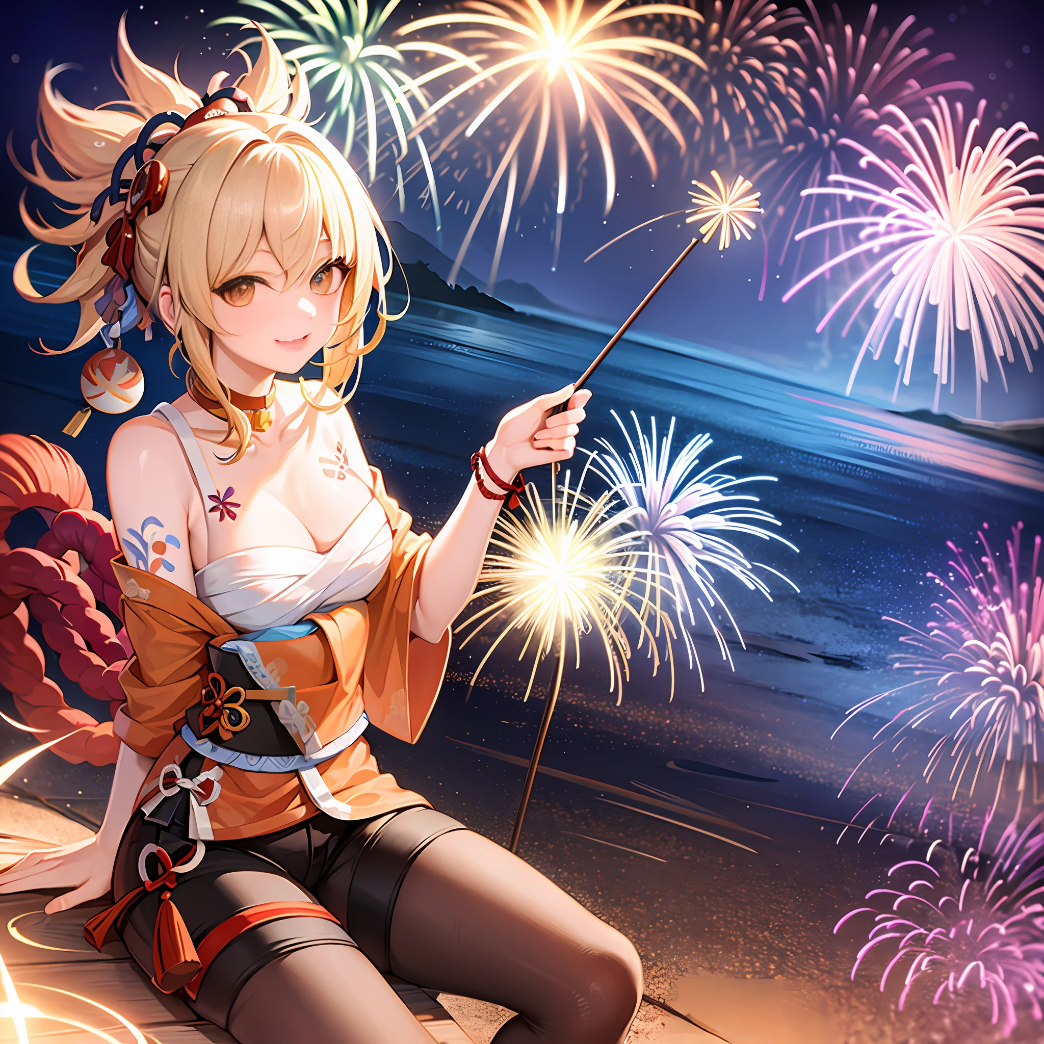 1girl,cowboy shot,sitting,草原,fireworks,evening,joy,origen,