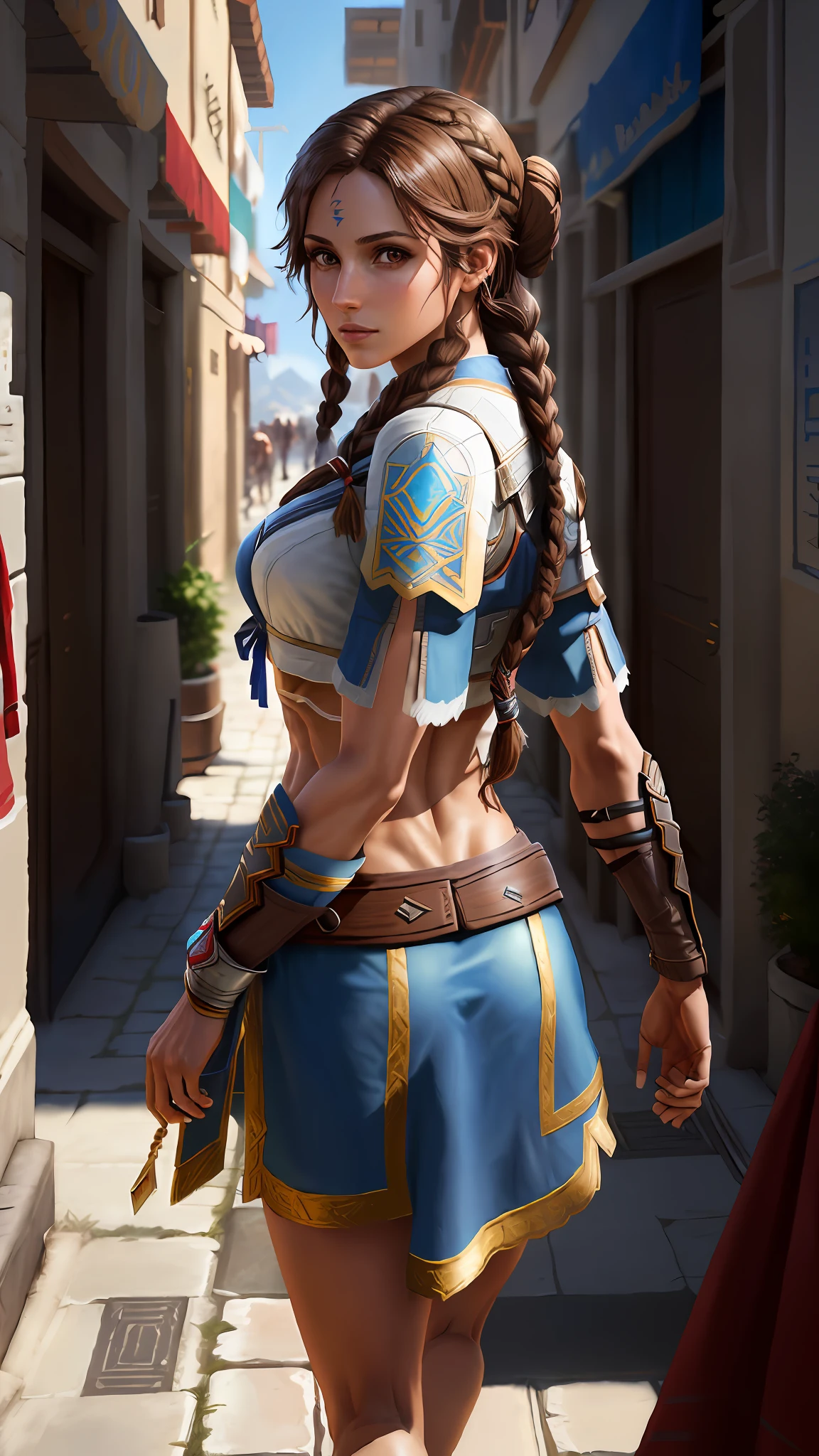 Solo, Kassandra (from assassin's creed oyssey, 1female, stron, toned abs, brown hair with side braids, brown eyes, light brown skin, Greek) walking on the street (photo from behind). ((masterpiece), best quality, ultra high resolution)