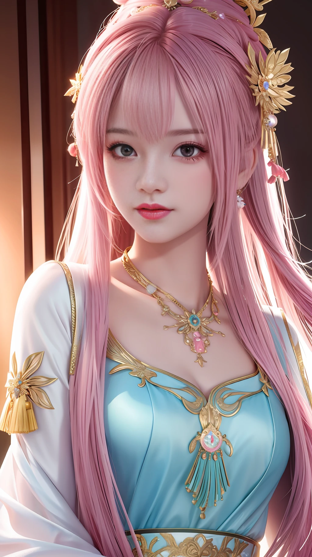 best quality, masterpiece, highres, 1girl,china dress,hair ornament,necklace, jewelry,Beautiful face,upon_body, tyndall effect,photorealistic, dark studio, rim lighting, two tone lighting,(high detailed skin:1.2), 8k uhd, dslr, soft lighting, high quality, volumetric lighting, candid, Photograph, high resolution, 4k, 8k, Bokeh, pink hair,,