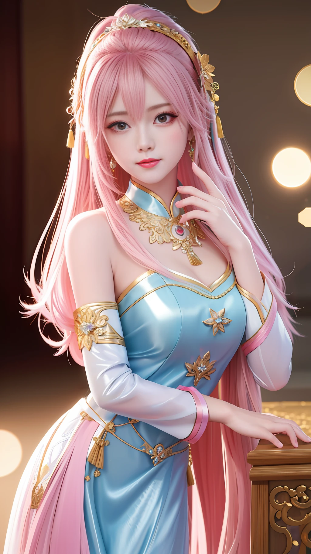 best quality, masterpiece, highres, 1girl,china dress,hair ornament,necklace, jewelry,Beautiful face,upon_body, tyndall effect,photorealistic, dark studio, rim lighting, two tone lighting,(high detailed skin:1.2), 8k uhd, dslr, soft lighting, high quality, volumetric lighting, candid, Photograph, high resolution, 4k, 8k, Bokeh, pink hair,,