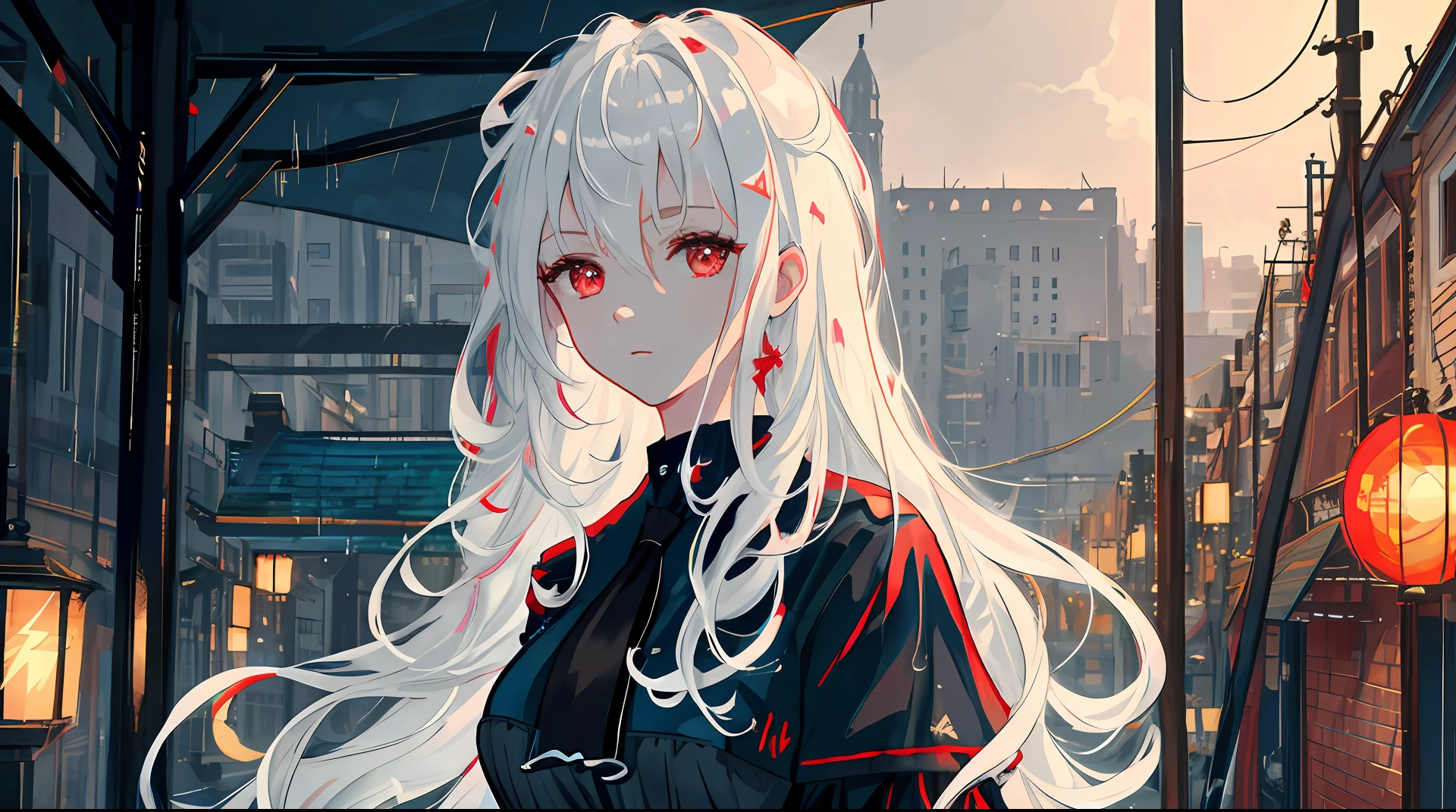 masterpiece, best quality, extremely detailed, cinematic lightning, intricate detail, highres, official art, finely detailed beautiful face and eyes, high resolution illustration, 8k, depth of field, bokeh, solo, 1girl, a girl with white hair and red eyes, long white hair, beautiful red eyes, beautiful landscape, rainy city, upper body, looking at viewer, close up