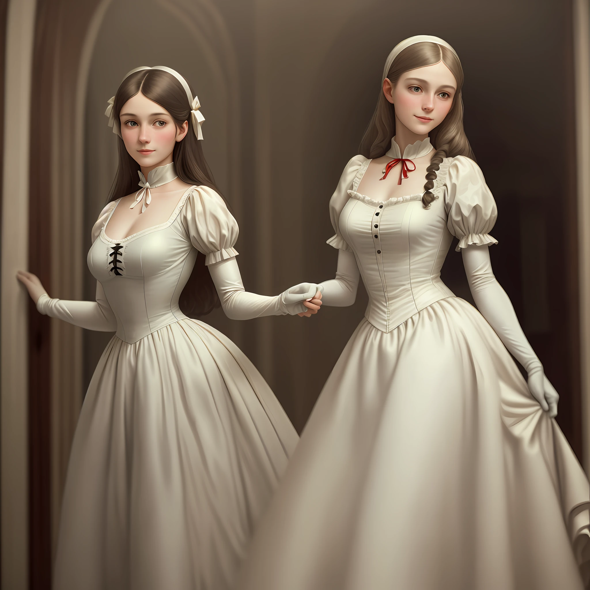 Standing in front of the mantel. British beautiful girl, [Florence Nightingale], delicate body, (ballet clothes), smiling at the camera, formal shirt, ribbon, nipple bumps, long loose hair, delicate body, shy, white gloves, long skirt, garter, (delicate illustration: 1.4), (Renaissance art: 1.4), (ultra high definition: 1.2), (photorealistic: 1.4), ( 8K, RAW Photography: 1.2), (Soft Focus: 1.4), (18 years old: 1.3), (Sharp Focus: 1.4), Beautiful Face with Attention to Detail, Pure Rose Face_V1, Antique, Fantastic, Natural Light Lighting