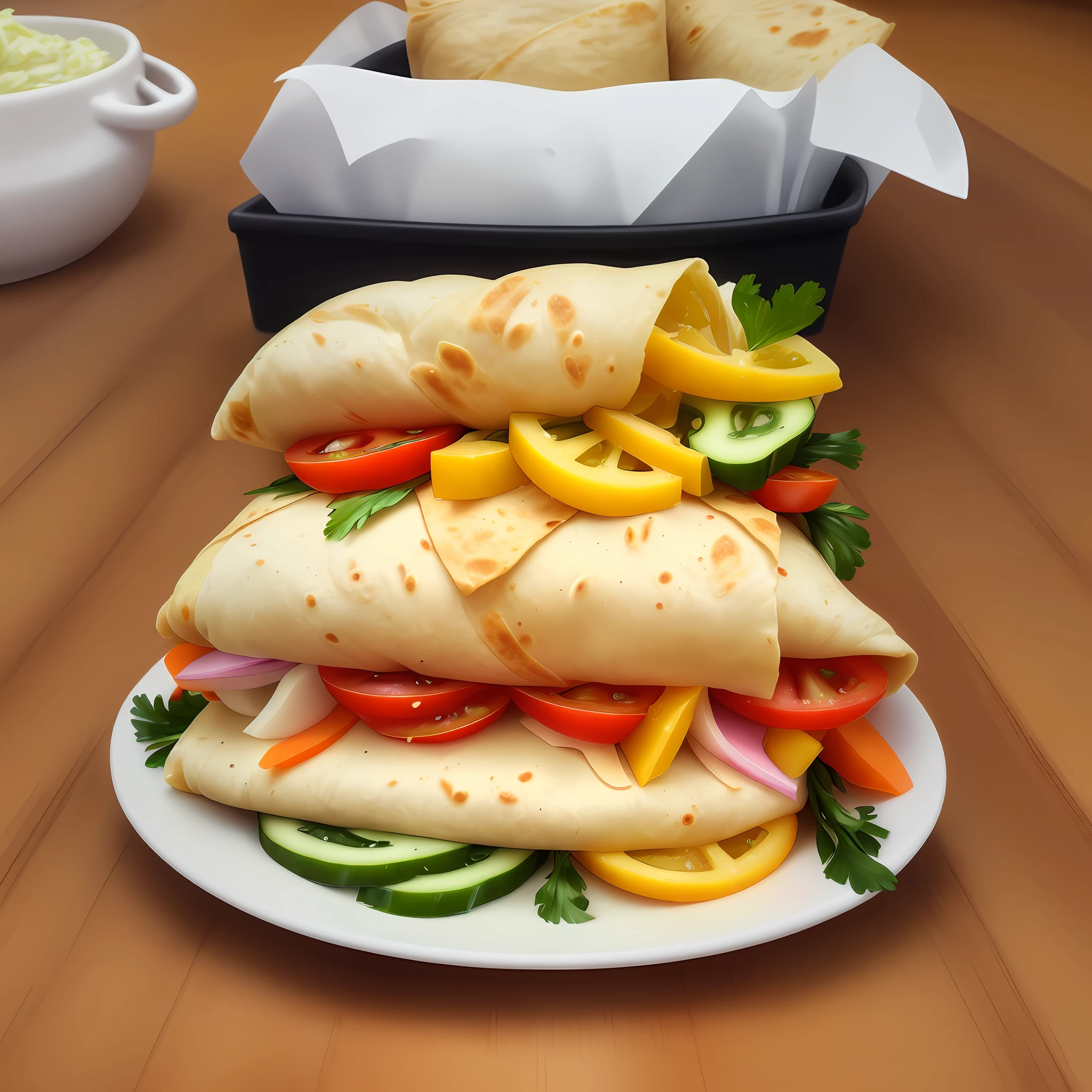Imagine a colorful and appetizing wrap, arranged on a clean and vibrant surface. The whole tortillas, with a light and golden texture, are open, displaying a generous filling. The cooked and shredded chicken spreads across the tortilla, creating a juicy, smooth layer. Chopped vegetables, such as grated carrots, thinly sliced cucumbers, striped peppers, and diced tomatoes, add vivid colors and freshness to the composition.
A creamy, light yellow sauce, made with plain Greek yogurt, dijon mustard, lemon juice and spices, is generously spread over the filling, adding a touch of flavor and moisture. The aroma of the ingredients mixes in the air, creating a sense of appetite and anticipation.
The wrap is carefully rolled up, forming a compact and attractive package. Cut in half, it reveals the inner layers and enhances the variety of colors and textures. The filling is firmly wrapped in the tortilla, allowing you to hold the wrap with ease.
This description aims to convey a visual image of the chicken wrap with vegetables, highlighting the appetizing appearance, vibrant colors and pleasant texture of the dish.
