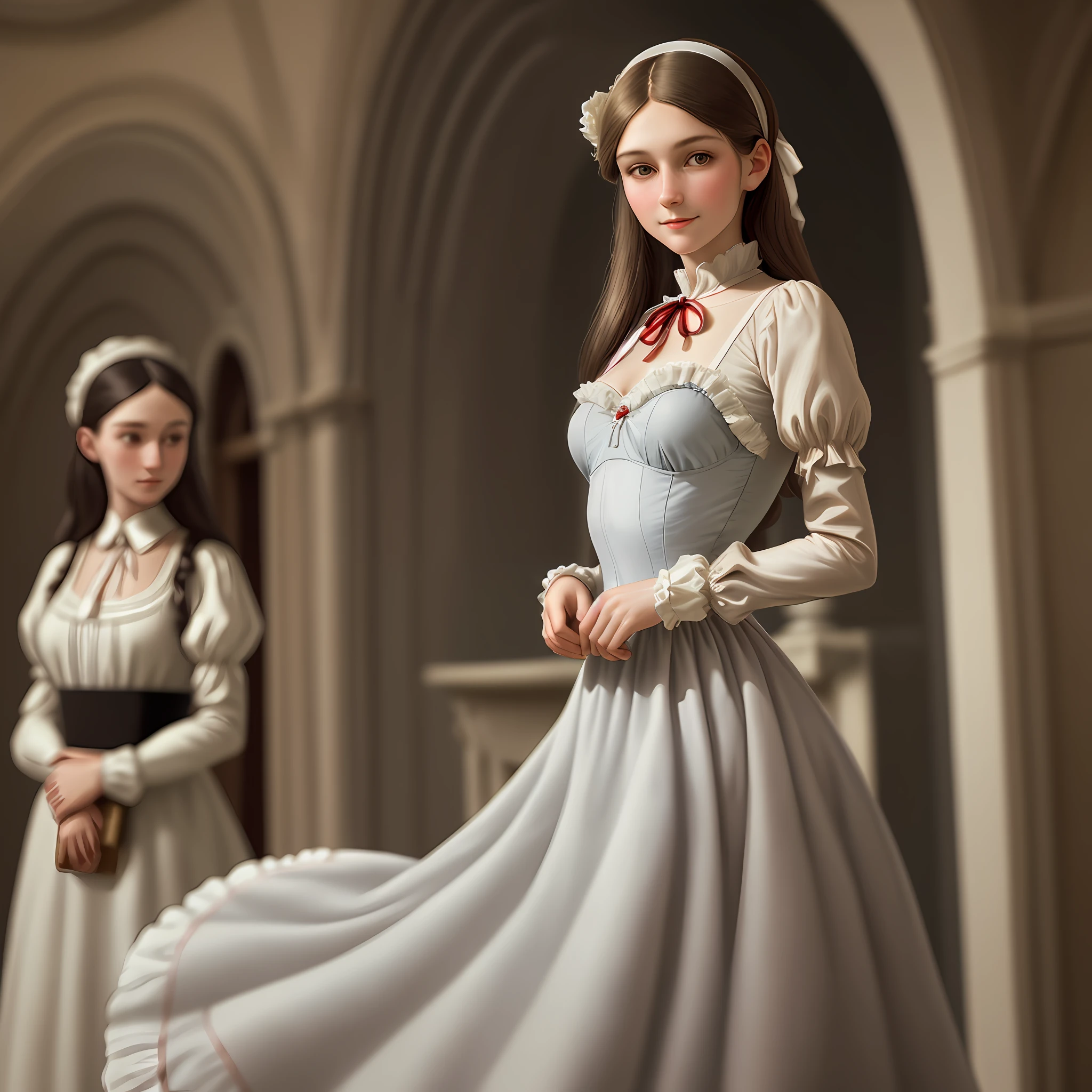 Standing in front of the mantel. British beautiful girl, [Florence Nightingale], delicate body, (ballet clothes), smiling at the camera, formal shirt, ribbon, nipple bumps, long loose hair, delicate body, shy, white gloves, long skirt, garter, (delicate illustration: 1.4), (Renaissance art: 1.4), (ultra high definition: 1.2), (photorealistic: 1.4), ( 8K, RAW Photography: 1.2), (Soft Focus: 1.4), (18 years old: 1.3), (Sharp Focus: 1.4), Beautiful Face with Attention to Detail, Pure Rose Face_V1, Antique, Fantastic, Natural Light Lighting
