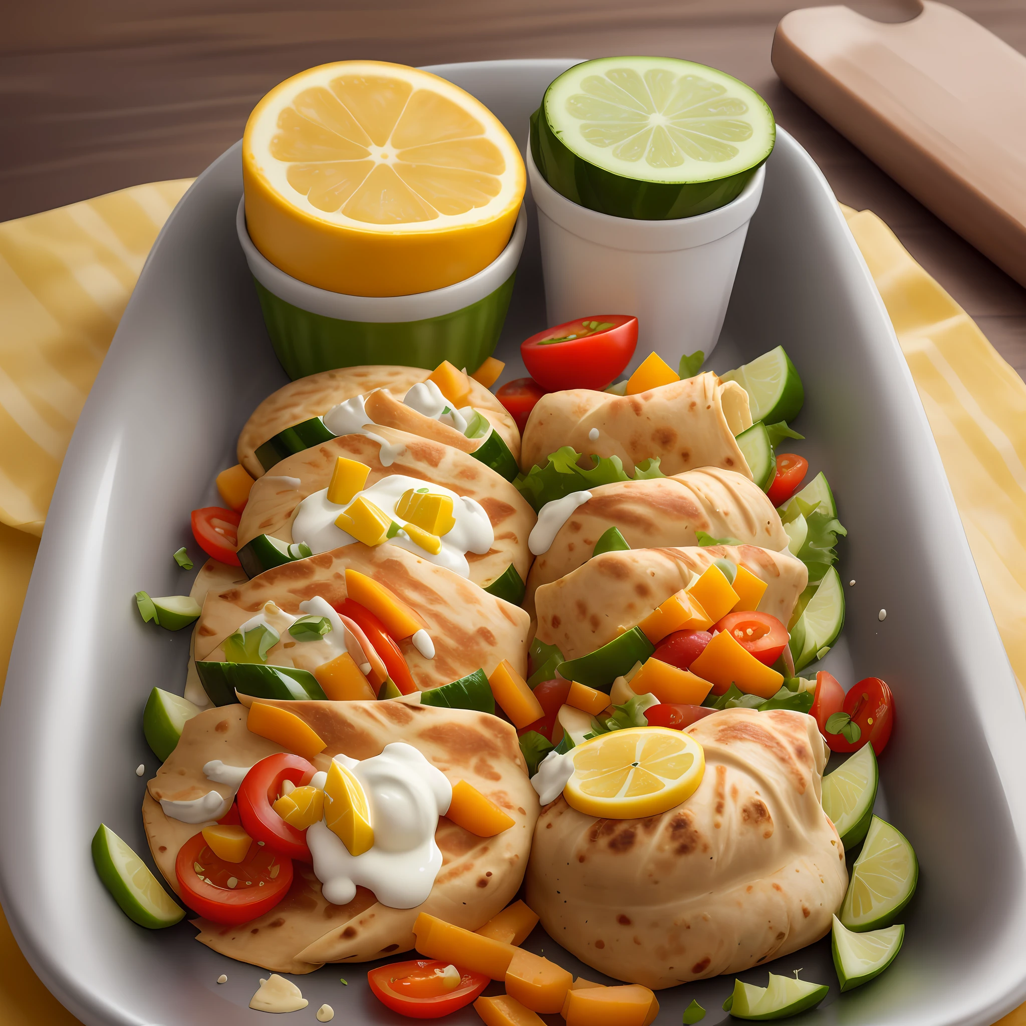 Imagine a colorful and appetizing wrap, arranged on a clean and vibrant surface. The whole tortillas, with a light and golden texture, are open, displaying a generous filling. The cooked and shredded chicken spreads across the tortilla, creating a juicy, smooth layer. Chopped vegetables, such as grated carrots, thinly sliced cucumbers, striped peppers, and diced tomatoes, add vivid colors and freshness to the composition.

A creamy, light yellow sauce, made with plain Greek yogurt, dijon mustard, lemon juice and spices, is generously spread over the filling, adding a touch of flavor and moisture. The aroma of the ingredients mixes in the air, creating a sense of appetite and anticipation.

The wrap is carefully rolled up, forming a compact and attractive package. Cut in half, it reveals the inner layers and enhances the variety of colors and textures. The filling is firmly wrapped in the tortilla, allowing you to hold the wrap with ease.

This description aims to convey a visual image of the chicken wrap with vegetables, highlighting the appetizing appearance, vibrant colors and pleasant texture of the dish.