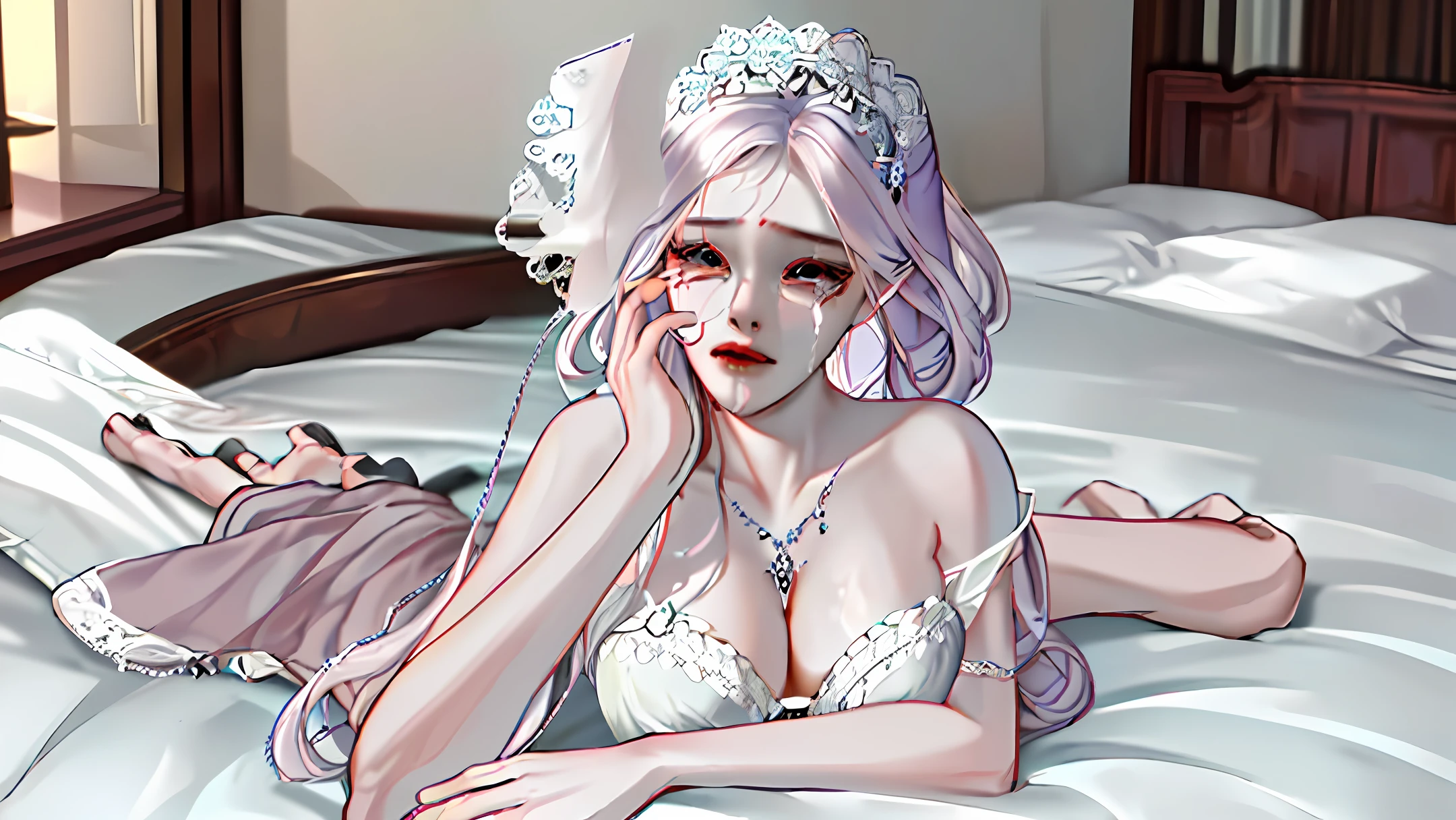 (best quality, masterpiece, intricate details:1.3):0.2], realistic, detailed skin, pov, looking at viewer, (from top:1.2), (on the bed), (lying on the bed:1.2), 1 girl, (korean mixed, kpop idol), pale skin, (scared, crying, tears:1.25), (slender body:1.2), medium breasts,(maid, lingerie, naked:1.2), crop top, navel (cleavage:1.12) nude,