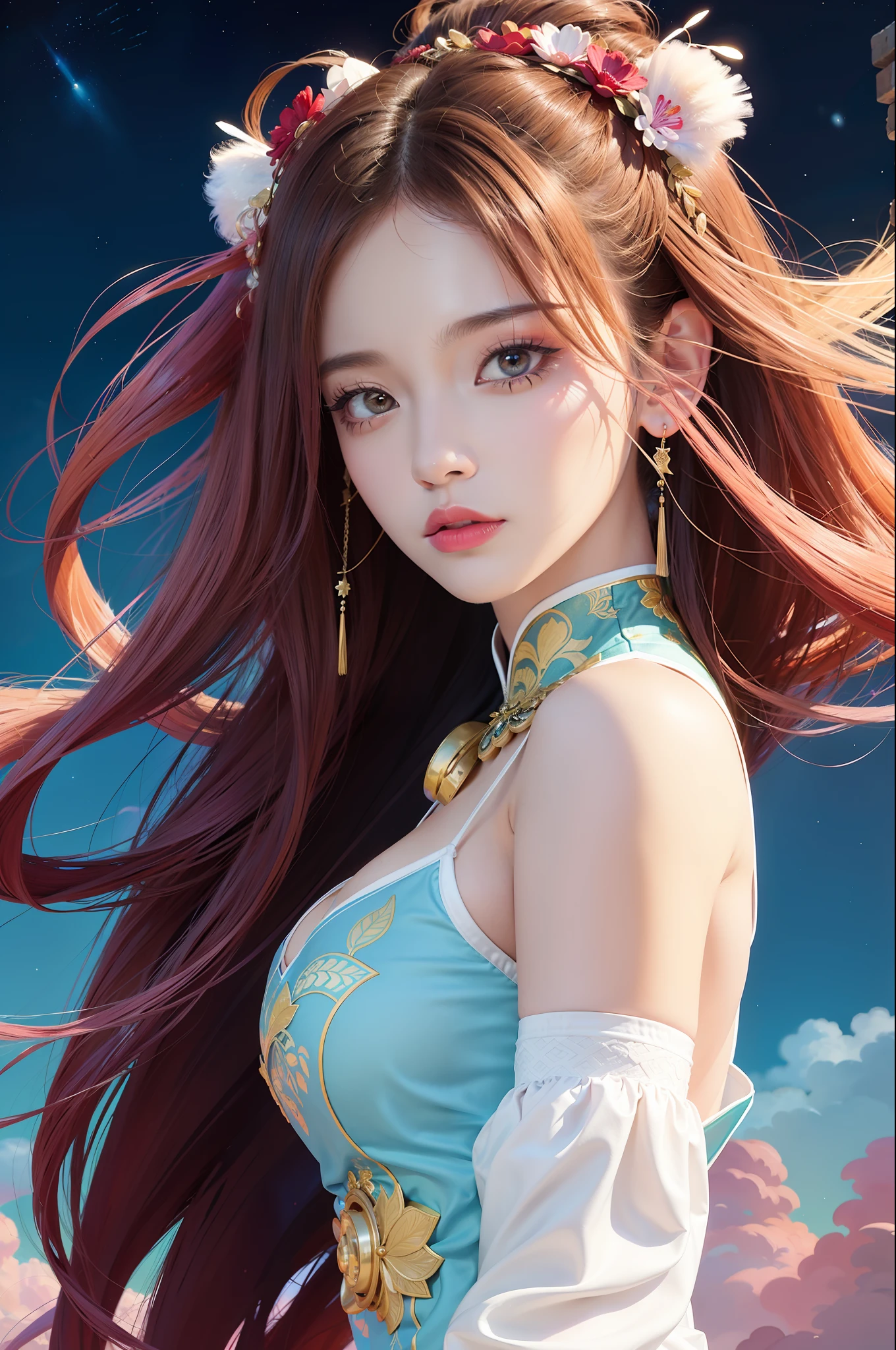 (Masterpiece, Top Quality, Best Quality, Extreme Detail, Supreme Detail, Official Art, Beauty and Aesthetics: 1.2), Color, Denim Shot, Upper Body Shot, Beautiful Face, Solo, Perfect Figure, Flying in the Sky, Portrait of a Girl, Silver Gradient Hair, Brunette | Pink Hair, Fairy, Flowing Streamer, (Sexy, Clothes do not avoid the body: 1.5), sun rays, clouds, full body, hanfu, Chinese clothes, water, fireflies, night, starry sky, jewelry, feathers on dresses, peacock feathers, light particles, volumetric lighting, ray tracing (flowing streamers: 1.1), (fantasy: 1.2), illuminators, stars, fantasy, high contrast, ink brush strokes, overexposure, purple and red tone impressions, abstract, (watercolor paintings by Berkey and Jeremiman)) brush strokes,