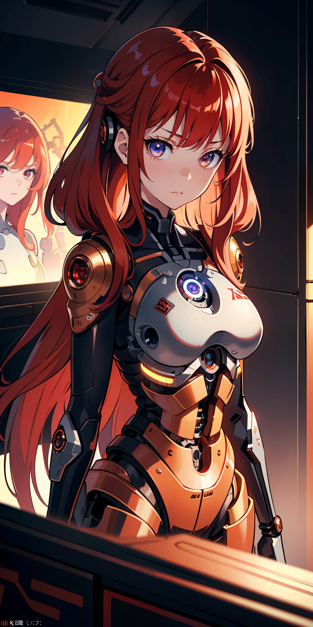 (extremely detailed CG unity 8k wallpaper), (finely detailed beautiful eyes: 1.2), (1 girl), (cyborg:1.3), (high-tech), (long crimson hair:1.2), embarrassed, (anime:1.2), Futurism, depth of field, (masterpiece:1.2), (best quality), 4K, high details