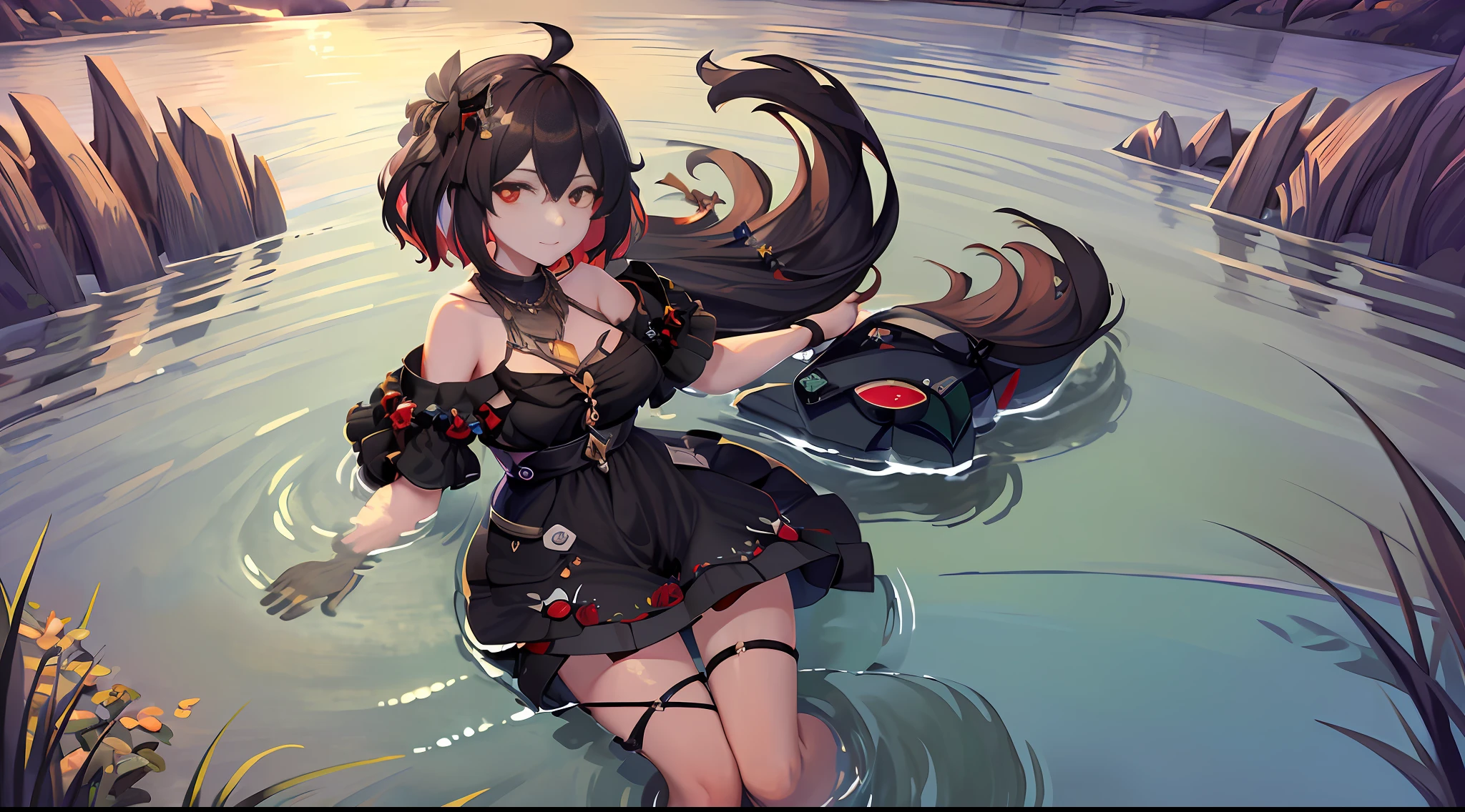 (Precise painting style, rich details, HD detail picture, denim style) ((1girl)),(sexy and charming, playful and cute, silky fair skin),((Lake water reflecting herbs, rippling): 1.3|sunset afterglow, red hue, sunset like blood), (lazy non-mainstream photo: 1.25|standard photo), ((long hair: 1.2|short hair: 0.95), eye-catching, sailor dress, black necklace), (light background, clear blue water, green riverside summer), (extremely high contrast, clear level, depth, light and dark)