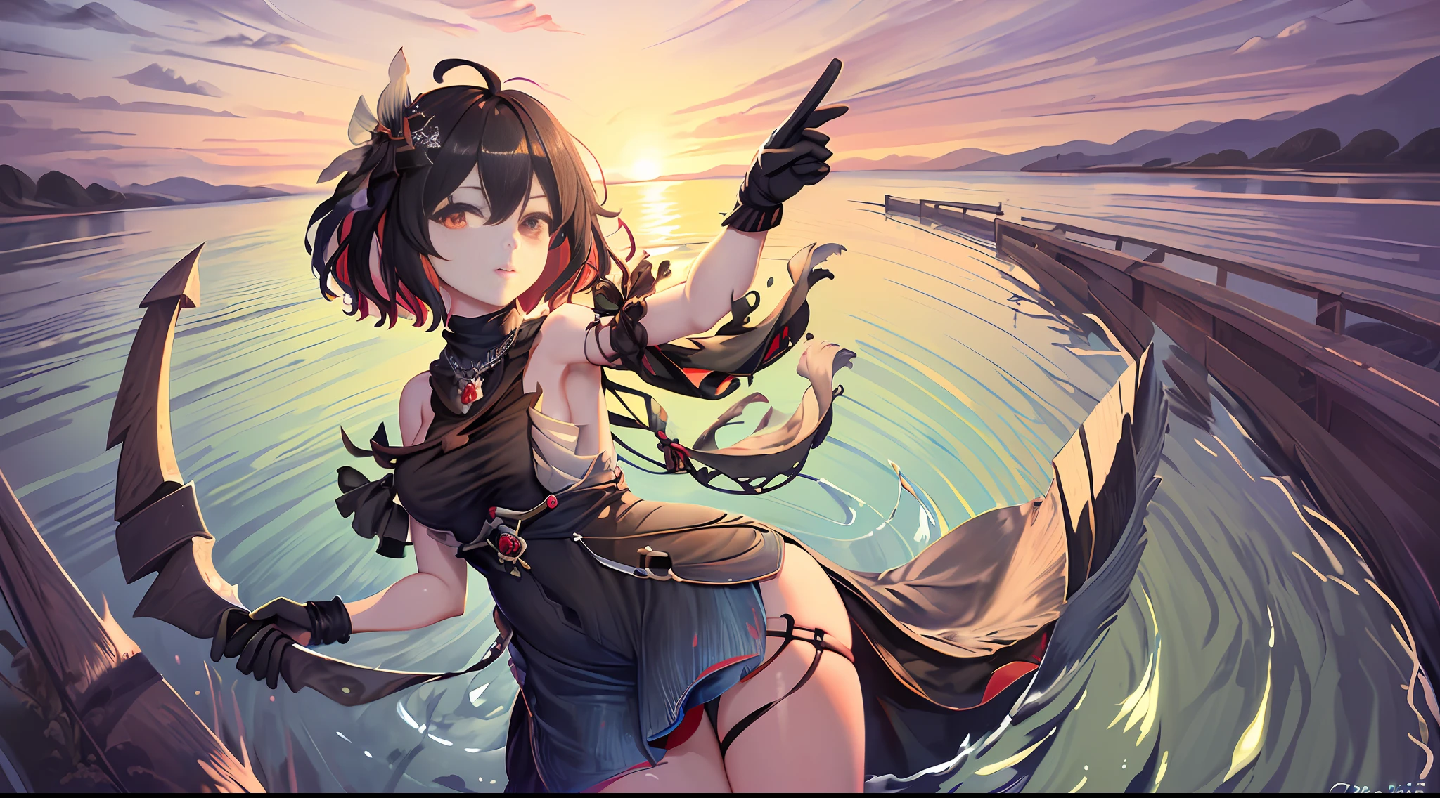 (Precise painting style, rich details, HD detail picture, denim style) ((1girl)),(y and charming, playful and cute, silky fair skin),((Lake water reflecting herbs, rippling): 1.3|sunset afterglow, red hue, sunset like blood), (lazy non-mainstream photo: 1.25|standard photo), ((long hair: 1.2|short hair: 0.95), eye-catching, sailor dress, black necklace), (light background, clear blue water, green riverside summer), (extremely high contrast, clear level, depth, light and dark)