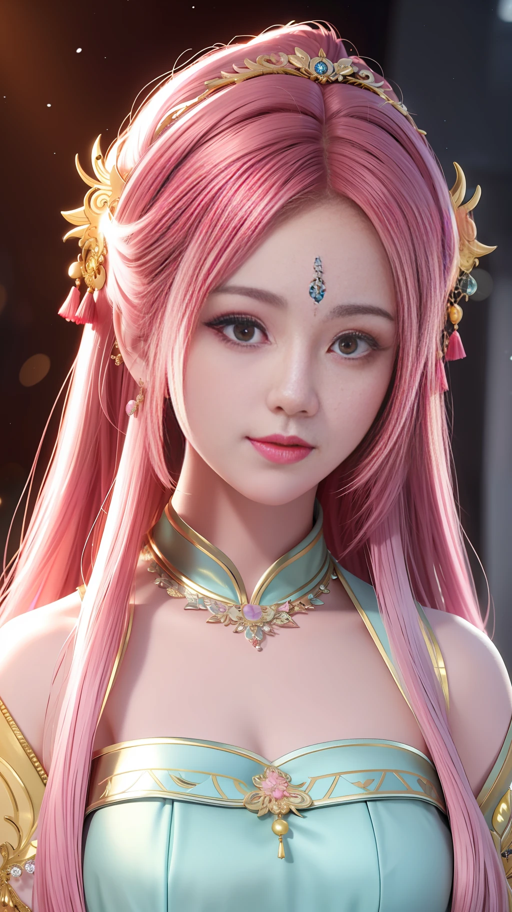 best quality, masterpiece, highres, 1girl,china dress,hair ornament,necklace, jewelry,Beautiful face,upon_body, tyndall effect,photorealistic, dark studio, rim lighting, two tone lighting,(high detailed skin:1.2), 8k uhd, dslr, soft lighting, high quality, volumetric lighting, candid, Photograph, high resolution, 4k, 8k, Bokeh, pink hair,,