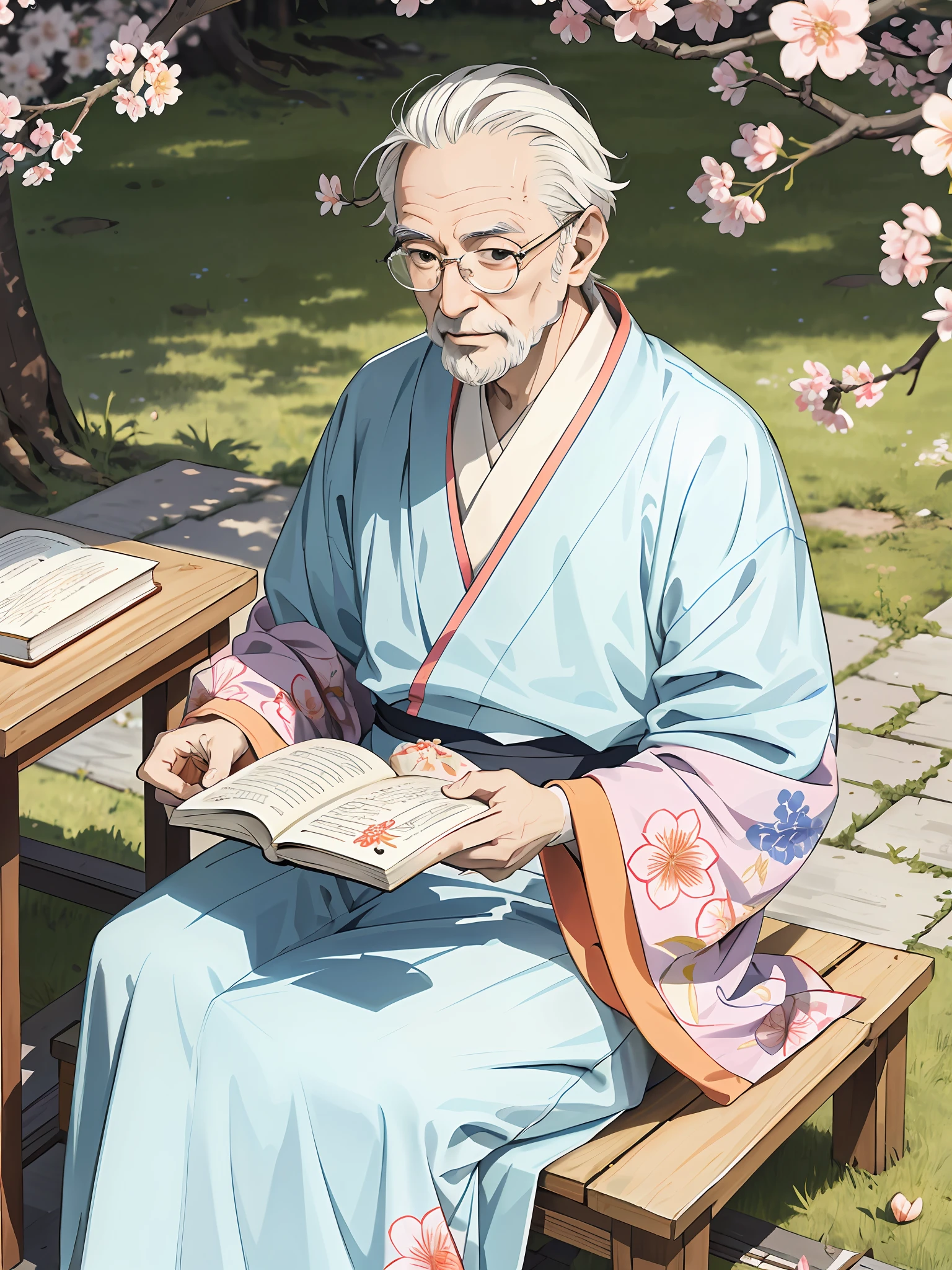 absurdres, highres, ultra detailed, (1man:1.3), hand drawn, simple line, a 70yo old man in colorful Hanfu, sitting under the peach blossom tree, masterpiece, sunny day, reading book, look at the book