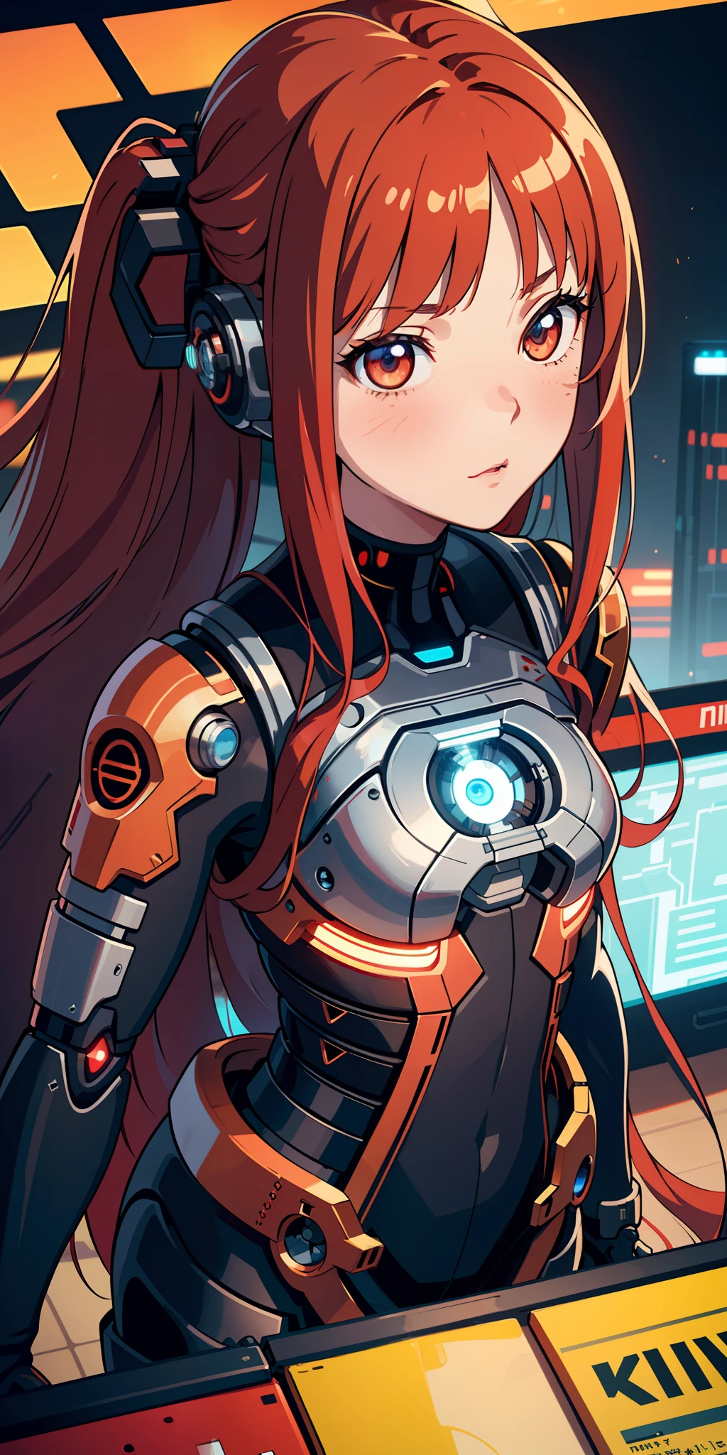 (extremely detailed CG unity 8k wallpaper), (finely detailed beautiful eyes: 1.2), (1 girl), (cyborg:1.3), (high-tech), (long crimson hair:1.2), embarrassed, (anime:1.2), Futurism, depth of field, (masterpiece:1.2), (best quality), 4K, high details