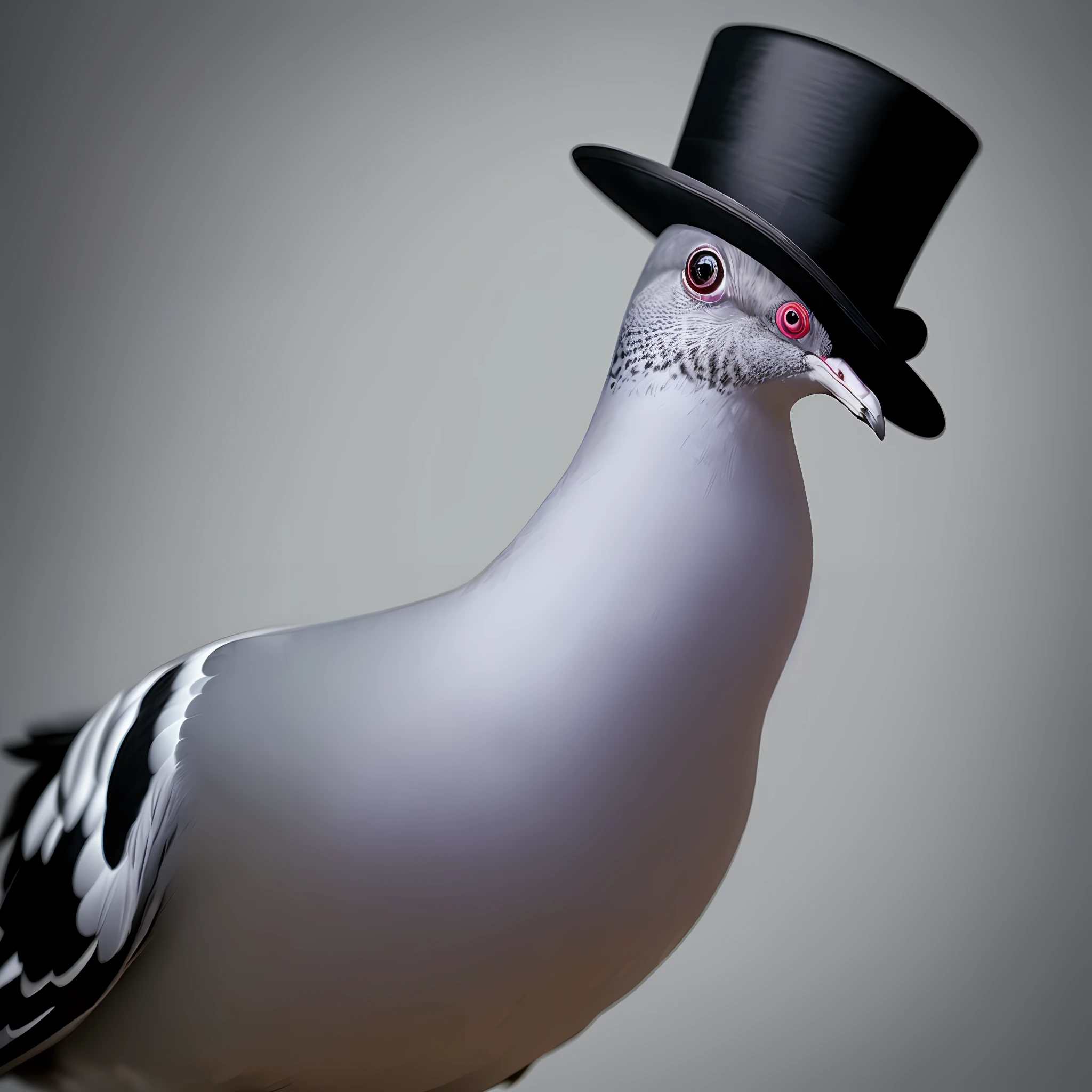 Pigeon in top hat, looking at the viewer, cute, bright eyes, 8k quality, cinematic focus