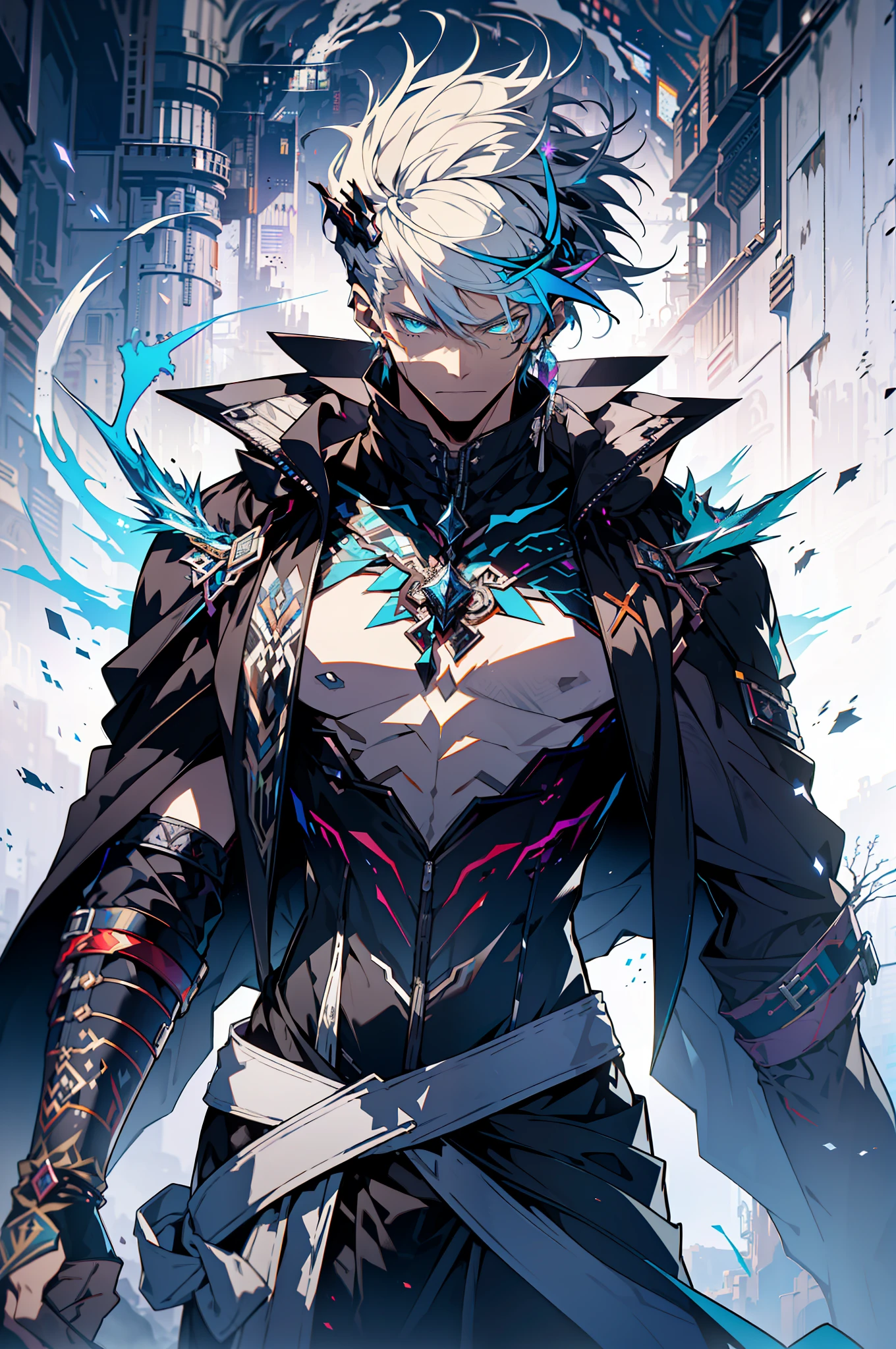 Cyberpunk male, fantasy world, dark background, clean design, epic instagram, artstation, colorful paint splatter, silhouette, hyper detailed intricate details, unreal engine, fantasy, intricate details, splash screen, complementary colors, Fantasy concept art, 8k resolution, deviantart masterpiece, oil painting, heavy strokes, paint dripping, (isolated on white background: 1.3), rainbow skin, (((handsome young man))), ((teenage:1.5) ), (glowing blue eyes), ((light eyes)), ((((short white hair: 1.1))), ((black clothes)), (prince\\(indifferent expression\\),, ( ((Wears high detail luxurious black robe))), white hair, frost magic, ((chest) --v 6