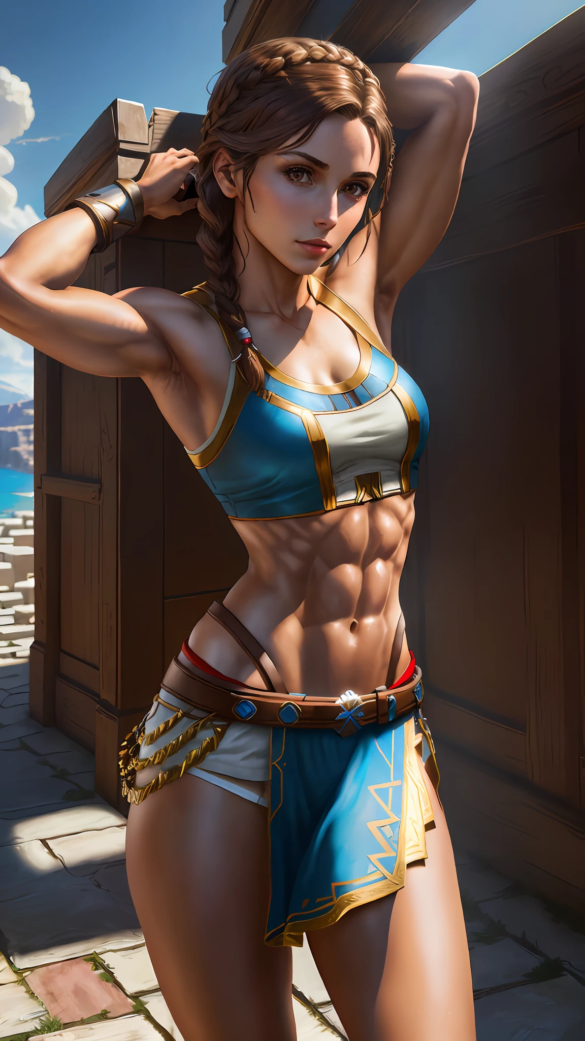 Solo, Kassandra (from assassin's creed oyssey, 1female, stron, toned abs, brown hair with side braids, brown eyes, light brown skin, Greek) wearing a one-piece clothes, arms up, armpit. ((masterpiece), best quality, ultra high resolution)
