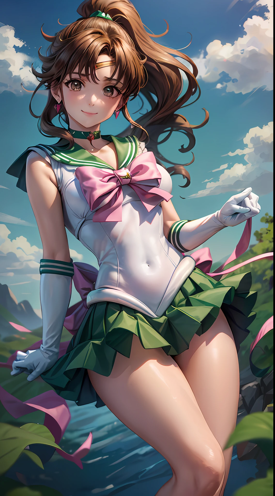 Masterpiece, Best Quality, High Resolution, 1girl, Solo, Sailor Jupiter, Jupiter (Hair Fluttering), (Single Ponytail)), Elbow Gloves, Headgear, Green Pleated Skirt, Pink Bow, (Green Sailor Collar), Brown Hair, White Glove, Jewelry, Earrings, Smile, Background Meadow, Blue Sky and White Clouds, Sea, Front, Full Body, Waves, Thin Legs