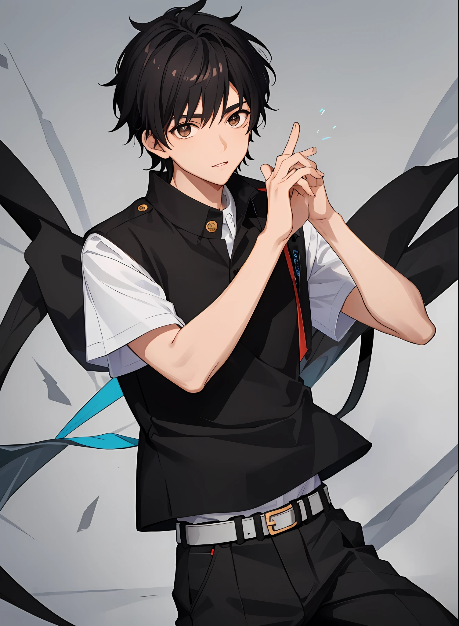 17 year old male, black hair, brown eyes, modern school uniform