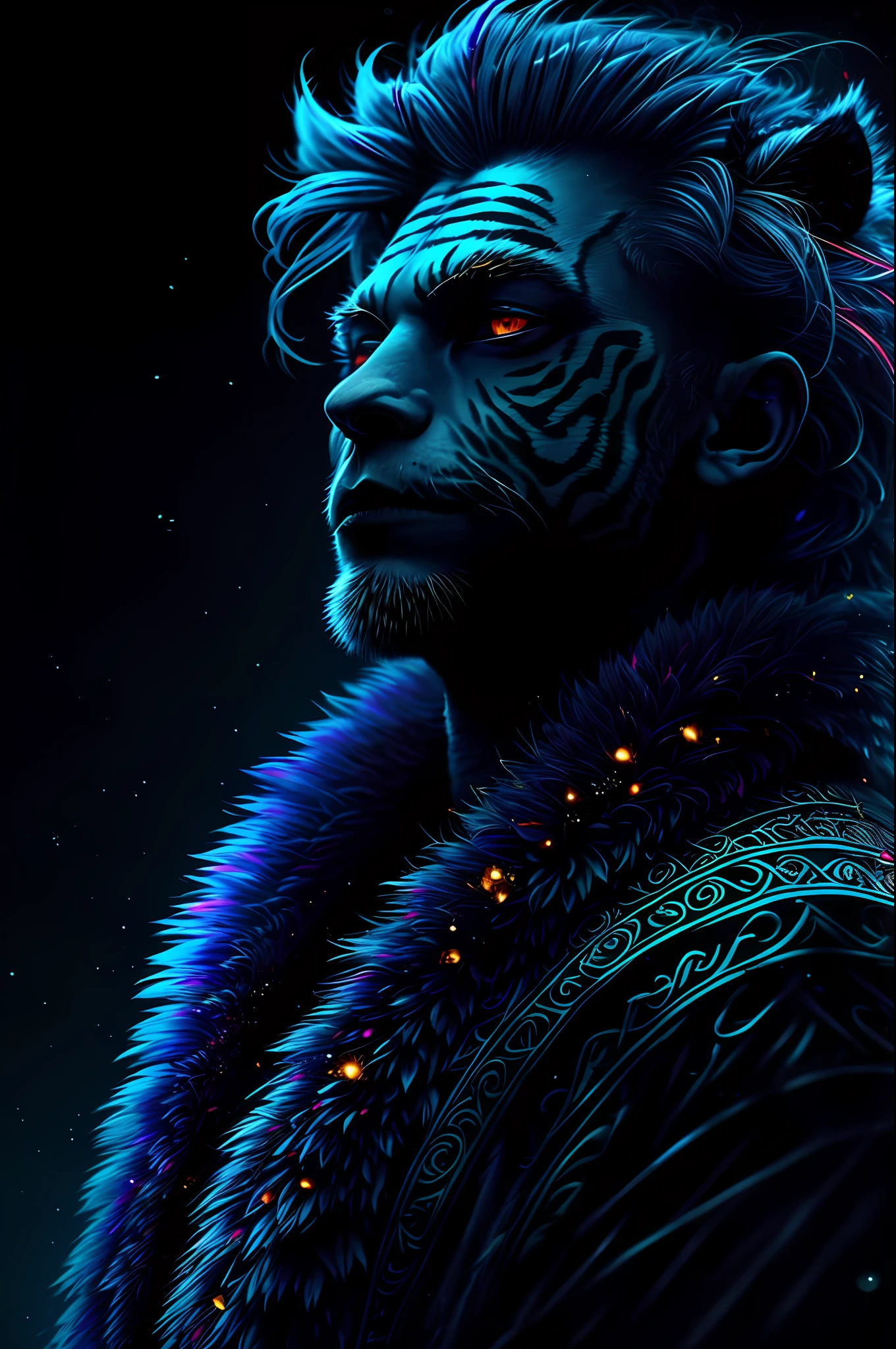 (extremely detailed 8k wallpaper)best quality, more details, masterpiece, portrait, 1boy, male focus, (evil:1.2), male focus, solo, grin, black sclera, colored sclera, (blue hair:1.3), (tiger eyes:1.2), looking at viewer, grin, portrait, bangs, dark energy, colorful, vibrant colors, portal to another world, side view, face_focus, zoomed_face, zoomed_in, bokeh, dark,moody, spooky background, colorful, beautiful, ultra realistic, intricate details, elegant, hyper realistic, tonemapping, hyperfocus, sharp focus, [volumetric lighting],photorealistic realistic, luxurious, 8k, detailed, ray tracing, depth of field, cinematic lighting, small gold particles,