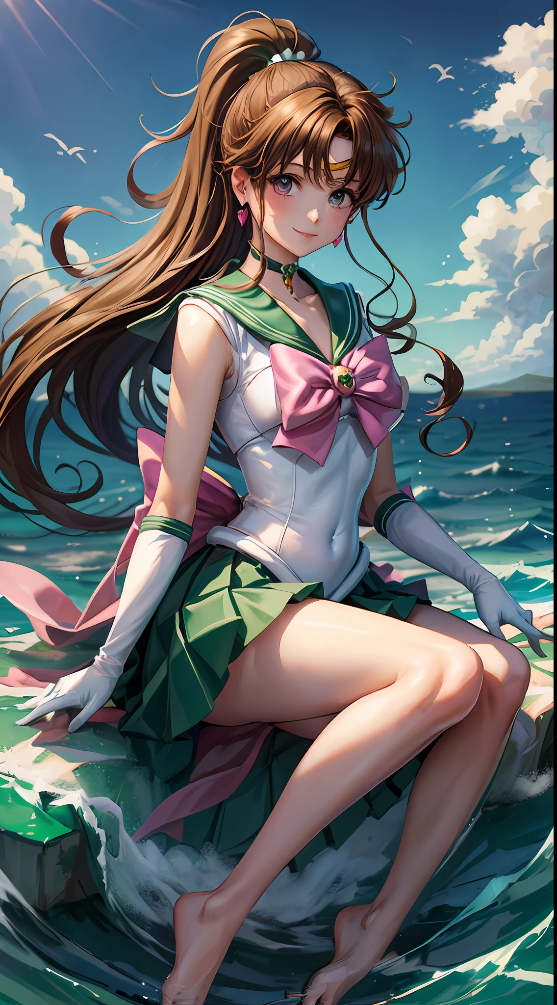 Masterpiece, Best Quality, High Resolution, 1girl, Solo, Sailor Jupiter, (Hair Fluttering), (Single Ponytail)), Elbow Gloves, Headdress, Green Pleated Skirt, Pink Bow, (Green Sailor Collar), Brown Hair, White Glove, Jewelry, Earrings, Smile, Background Meadow, Blue Sky and White Clouds, Sea, Front, Full Body, Waves, Thin Legs