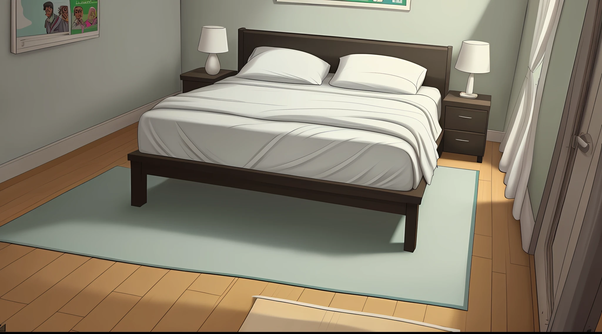 Exact, Wikihow, highlighted, delineated, GTA5 painting, comic, a empty bedroom with large bed, ((no person))
