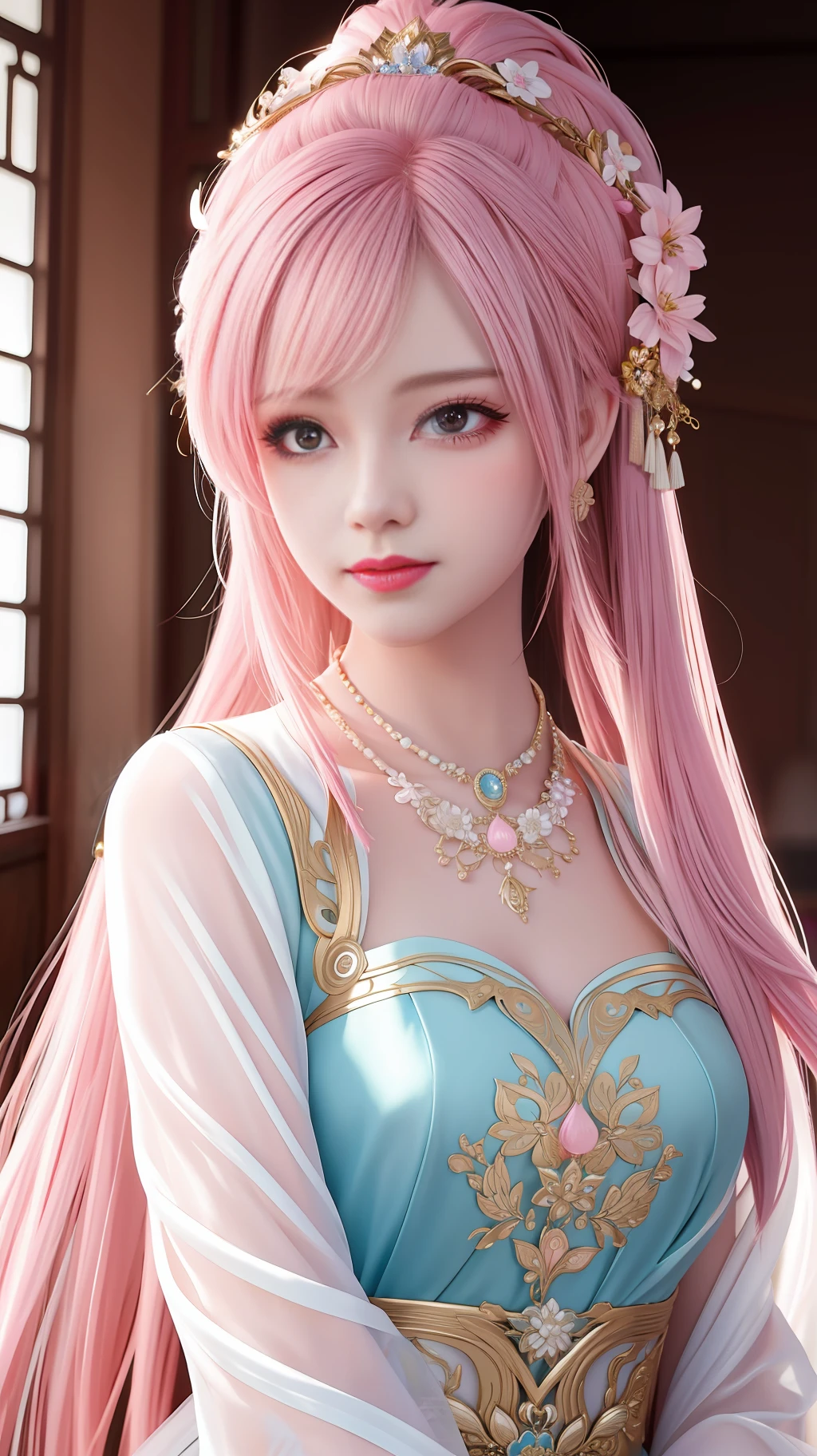 best quality, masterpiece, highres, 1girl,china dress,hair ornament,necklace, jewelry,Beautiful face,upon_body, tyndall effect,photorealistic, dark studio, rim lighting, two tone lighting,(high detailed skin:1.2), 8k uhd, dslr, soft lighting, high quality, volumetric lighting, candid, Photograph, high resolution, 4k, 8k, Bokeh, pink hair,,