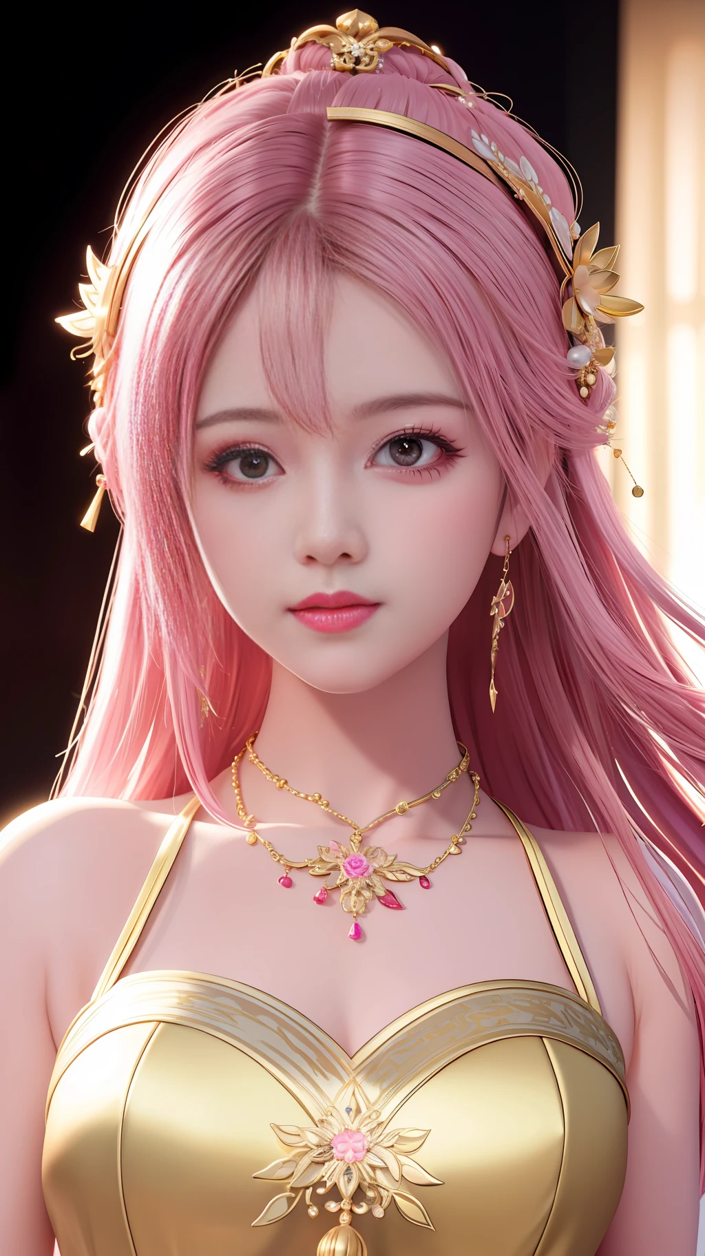 best quality, masterpiece, highres, 1girl,china dress,hair ornament,necklace, jewelry,Beautiful face,upon_body, tyndall effect,photorealistic, dark studio, rim lighting, two tone lighting,(high detailed skin:1.2), 8k uhd, dslr, soft lighting, high quality, volumetric lighting, candid, Photograph, high resolution, 4k, 8k, Bokeh, pink hair,,