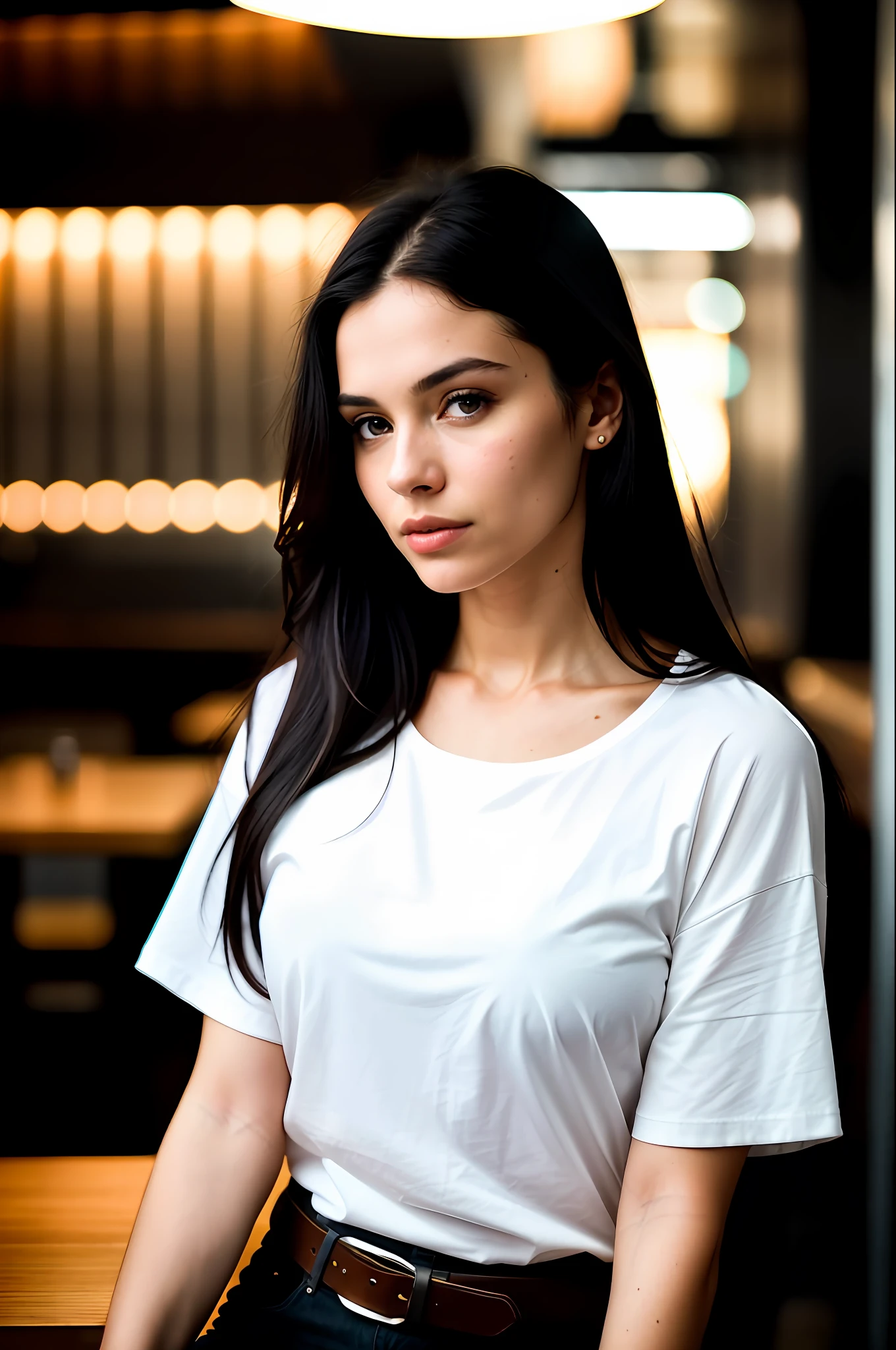 beautiful woman, long straight black hair, wearing a white t-shirt without print, wearing leather belt, front view (sitting inside a modern restaurant at night), Isabelle Adjani, very detailed, 30 years, natural wave hair, blue eyes, high-res, masterpiece, best quality, intricate details, highly detailed, sharp focus, detailed skin, realistic skin texture, texture, detailed eyes, professional, 4k, Canon shooting, 85mm, shallow depth of field, kodak color vision, perfect fit body, extremely detailed, photo_\(ultra\), photorealistic, realistic, post-processing, maximum detail, roughness, real life, ultra realistic, photorealism, photography, 8k uhd, photography (grain of film) medium shot for closeup shot atmospheric dark lighting