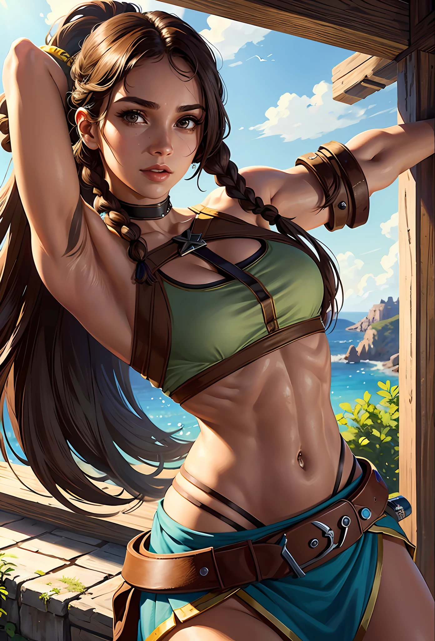Solo, Kassandra (from assassin's creed oyssey, 1female, stron, toned abs, brown hair with side braids, brown eyes, light brown skin, Greek) wearing a one-piece clothes, arms up, armpit. ((masterpiece), best quality, ultra high resolution)