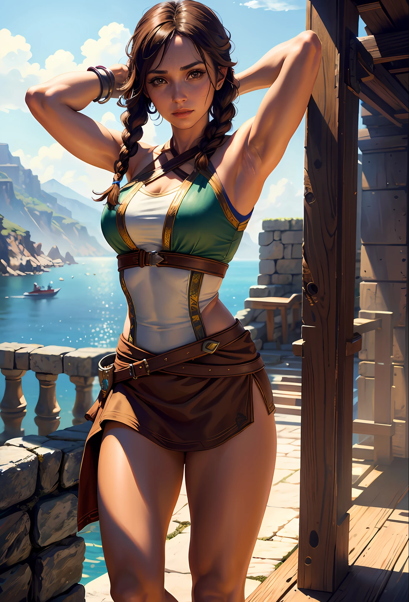 Solo, Kassandra (from assassin's creed oyssey, 1female, stron, toned abs, brown hair with side braids, brown eyes, light brown skin, Greek) wearing a one-piece clothes, arms up, armpit. ((masterpiece), best quality, ultra high resolution)