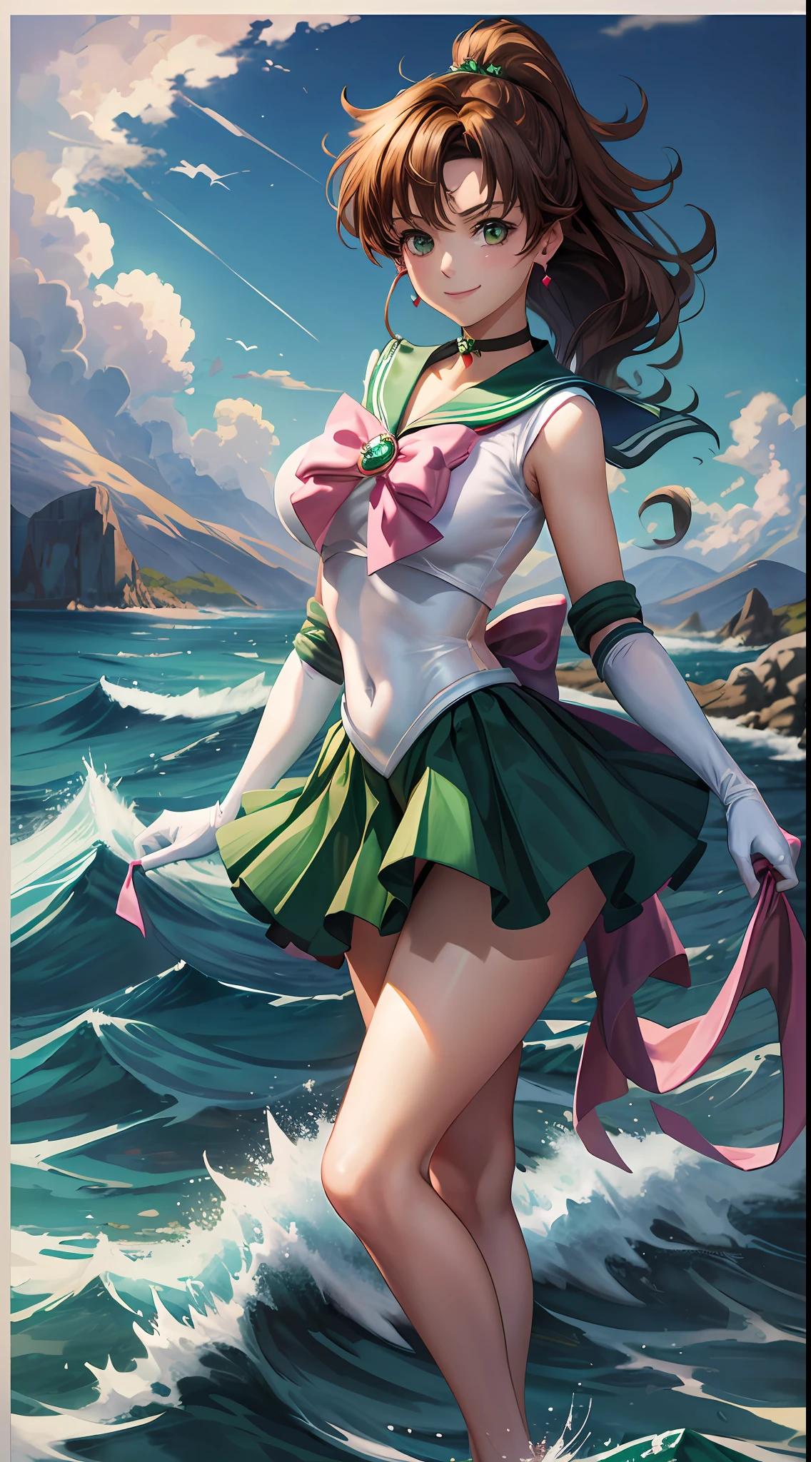 Masterpiece, Best Quality, High Resolution, 1Girl, Solo, Sailor Jupiter, (Hair Fluttering), (Single Ponytail)), Elbow Gloves, Headgear, Green Pleated Skirt, Pink Bow, (Green Sailor Collar), Brown Hair, White Glove, Jewelry, Earrings, Smile, Background Meadow, Blue Sky and White Clouds, Sea, Front, Full Body, Waves, Reef, Rough Waves