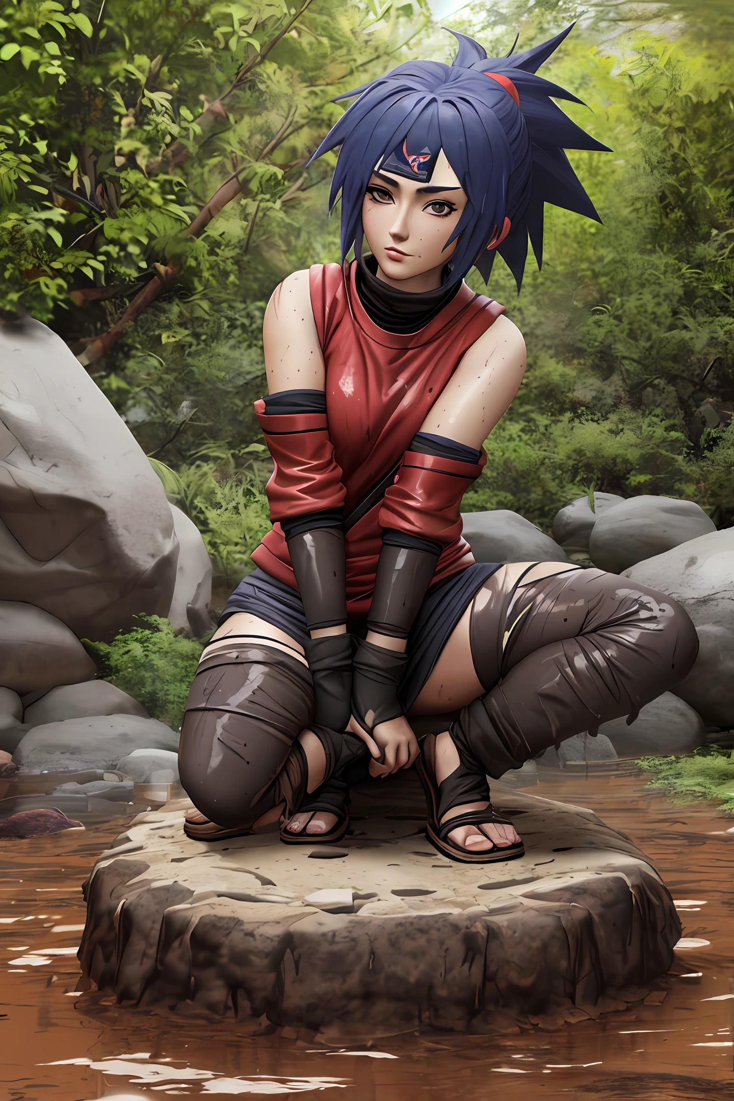 anime 3d digital painting style ((Konan from Naruto))((akatsuki clothes))  In the jungle(( muddy dirty Stinky))