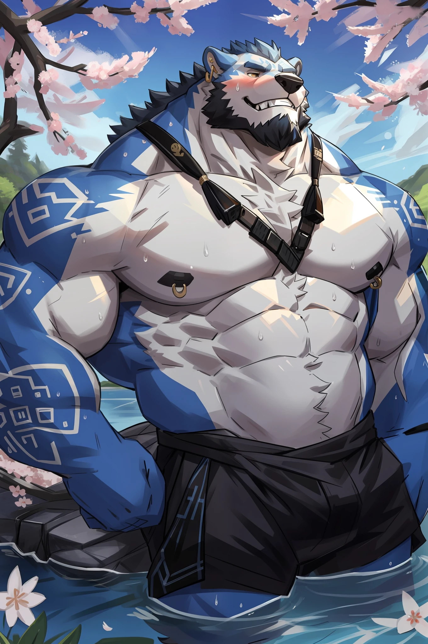 (morning), 1volibear, 独奏, 看着观众, summer, smile,肌肉男，beard,middle-aged，white fundoshi,((open)  kimono)，Chinese traditional clothes,close-up,stud earrings,nipple ring,sweat,look up to the sky,majestic,brutal,confident,strong,cherry blossoms,lying in the lake,blush sticker