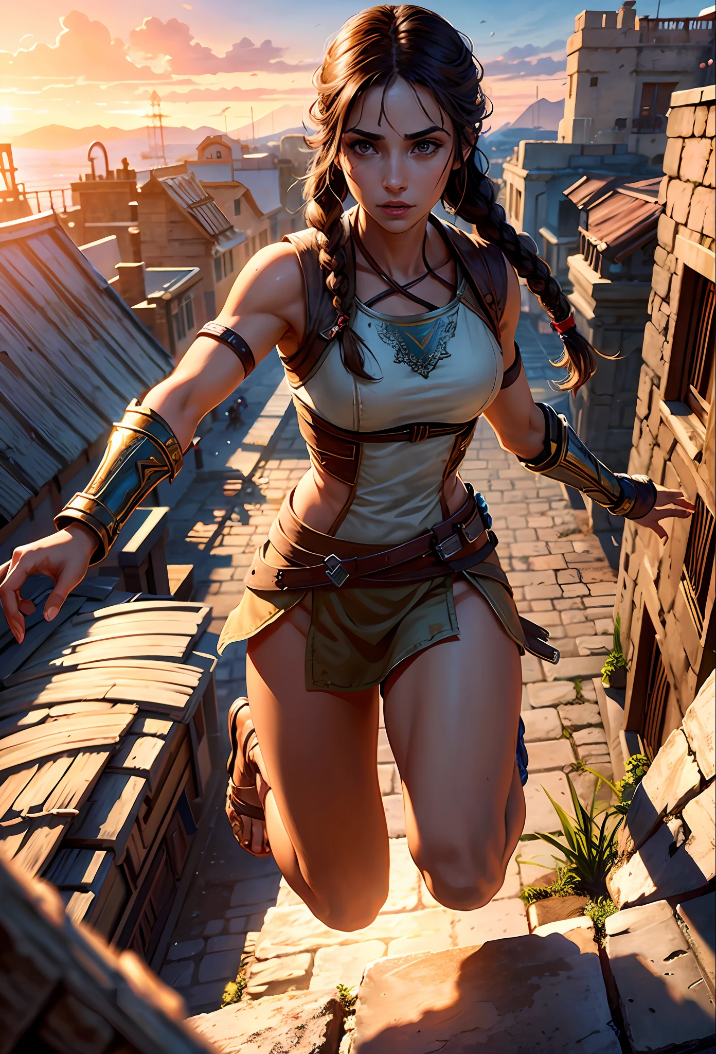 Solo, Kassandra (from assassin's creed oyssey, 1female, stron, toned abs, brown hair with side braids, brown eyes, light brown skin, Greek) wearing a one-piece armor, shoulders showing, jumping from a rooftop. ((masterpiece), best quality, ultra high resolution)