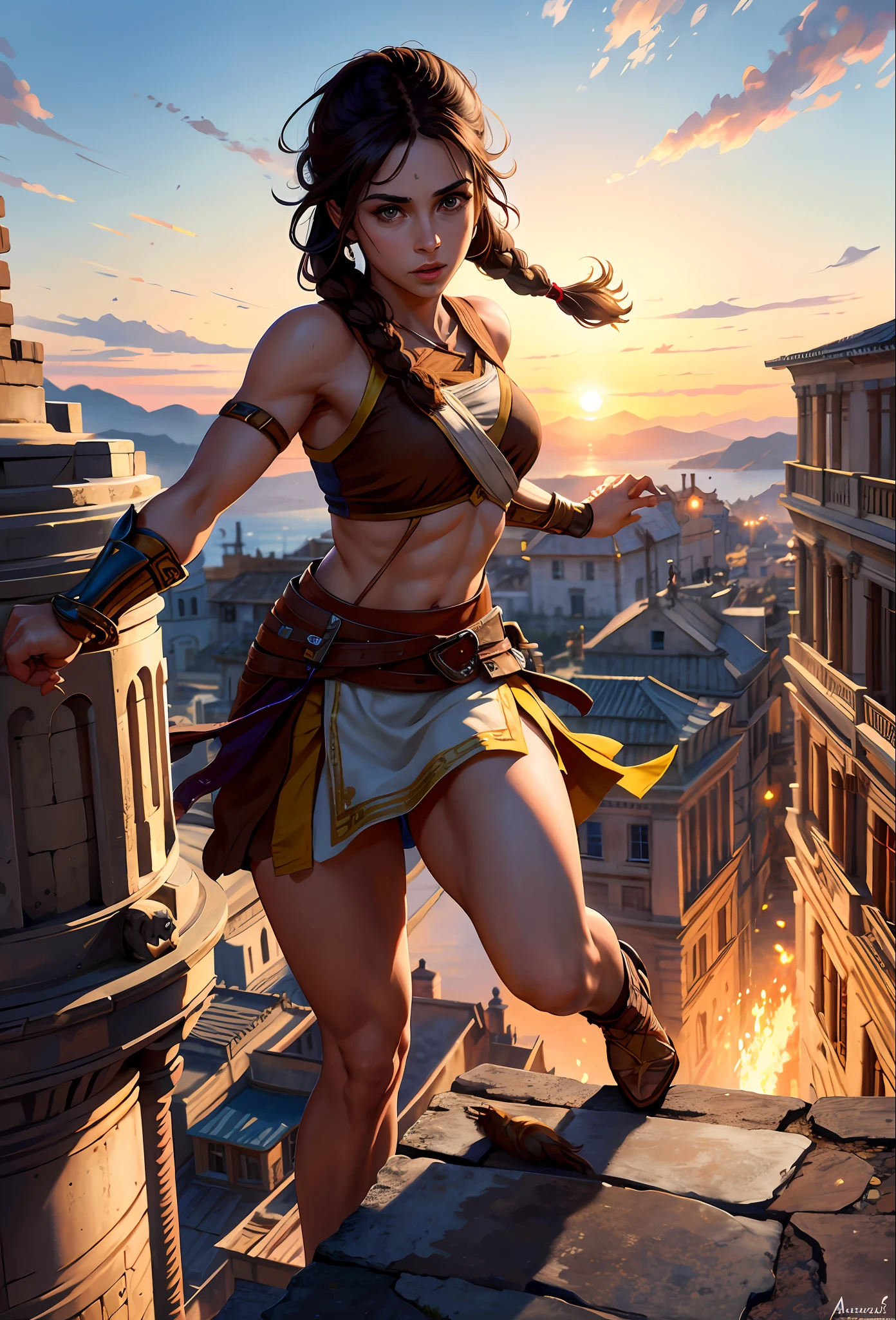 Solo, Kassandra (from assassin's creed oyssey, 1female, stron, toned abs, brown hair with side braids, brown eyes, light brown skin, Greek) wearing a one-piece armor, shoulders showing, jumping from a rooftop. ((masterpiece), best quality, ultra high resolution)