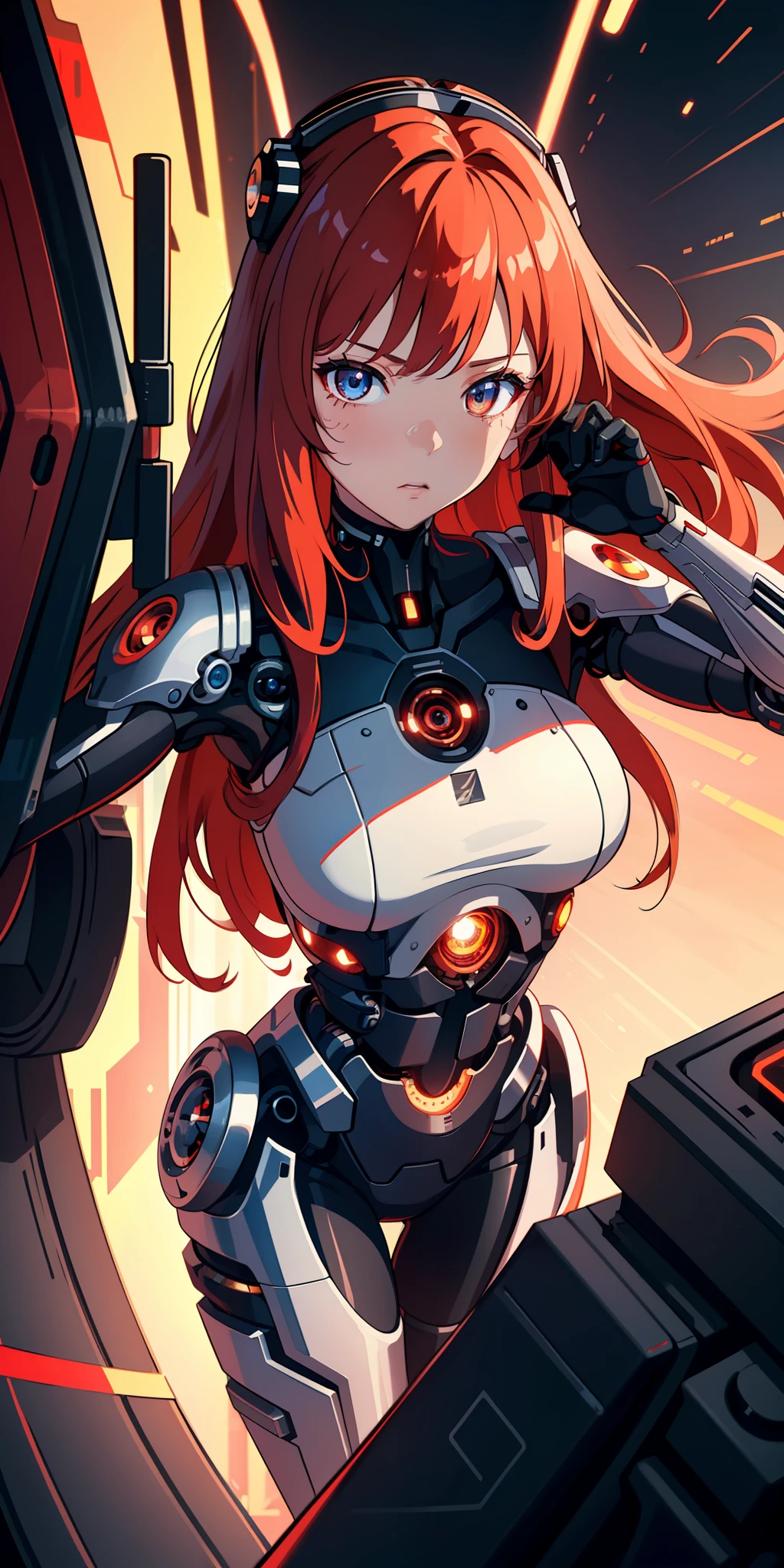 (extremely detailed CG unity 8k wallpaper), (finely detailed beautiful eyes: 1.2), (1 girl), (cyborg:1.3), (high-tech), (long crimson hair:1.2), embarrassed, (anime:1.2), Futurism, depth of field, (masterpiece:1.2), (best quality), 4K, high details