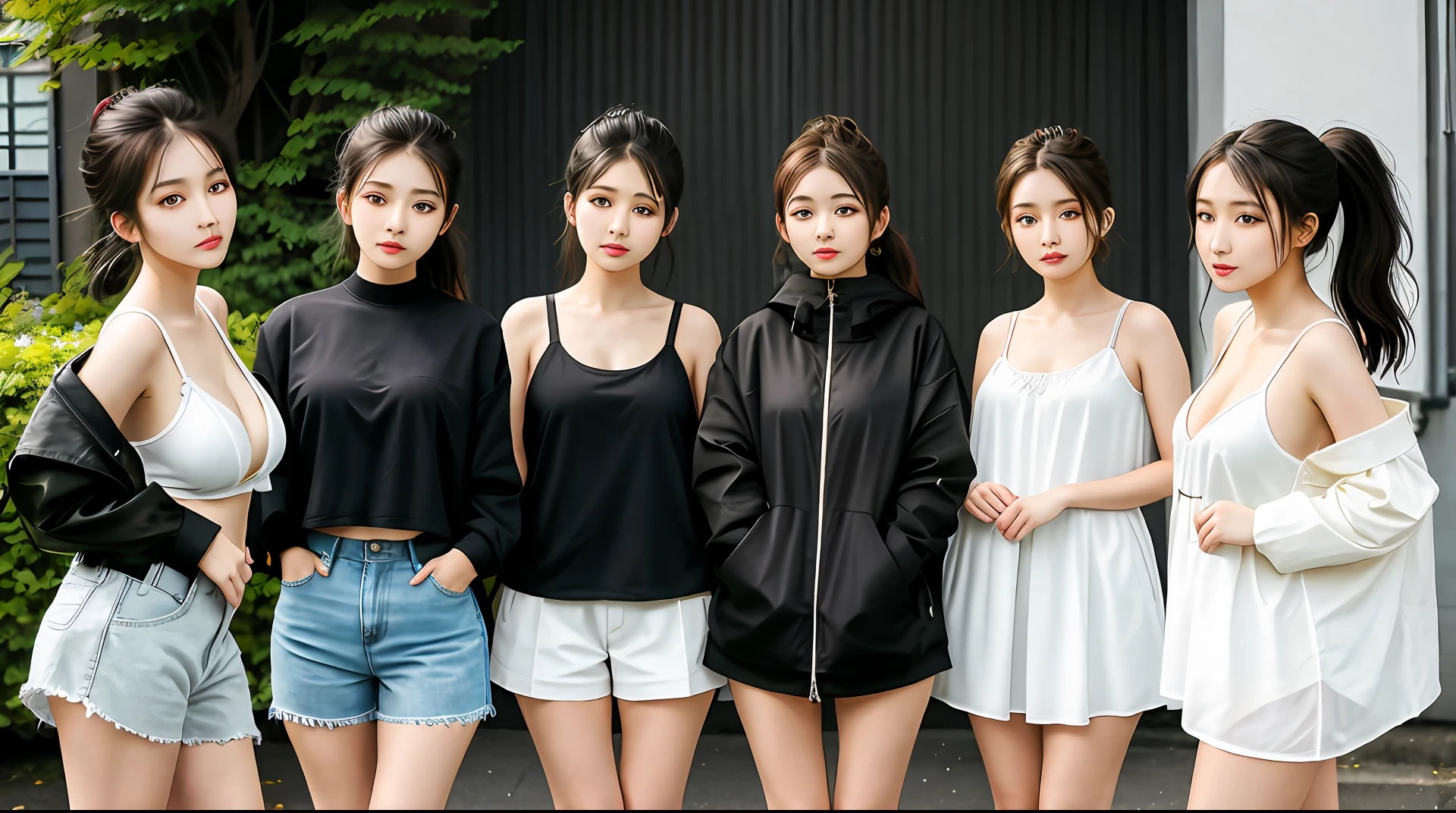 photo of 5 girls, ((small breasts)), loose and oversized black jacket, white lace cami, (beige chiffon trousers,:1), (Kpop idol), (aegyo sal:1), (light brown short ponytail: 1.2), ((puffy eyes)), looking at the audience, no bra, no panties, street smile, cute, full body, street, outdoor, best quality, super high resolution, (realism: 1.4),