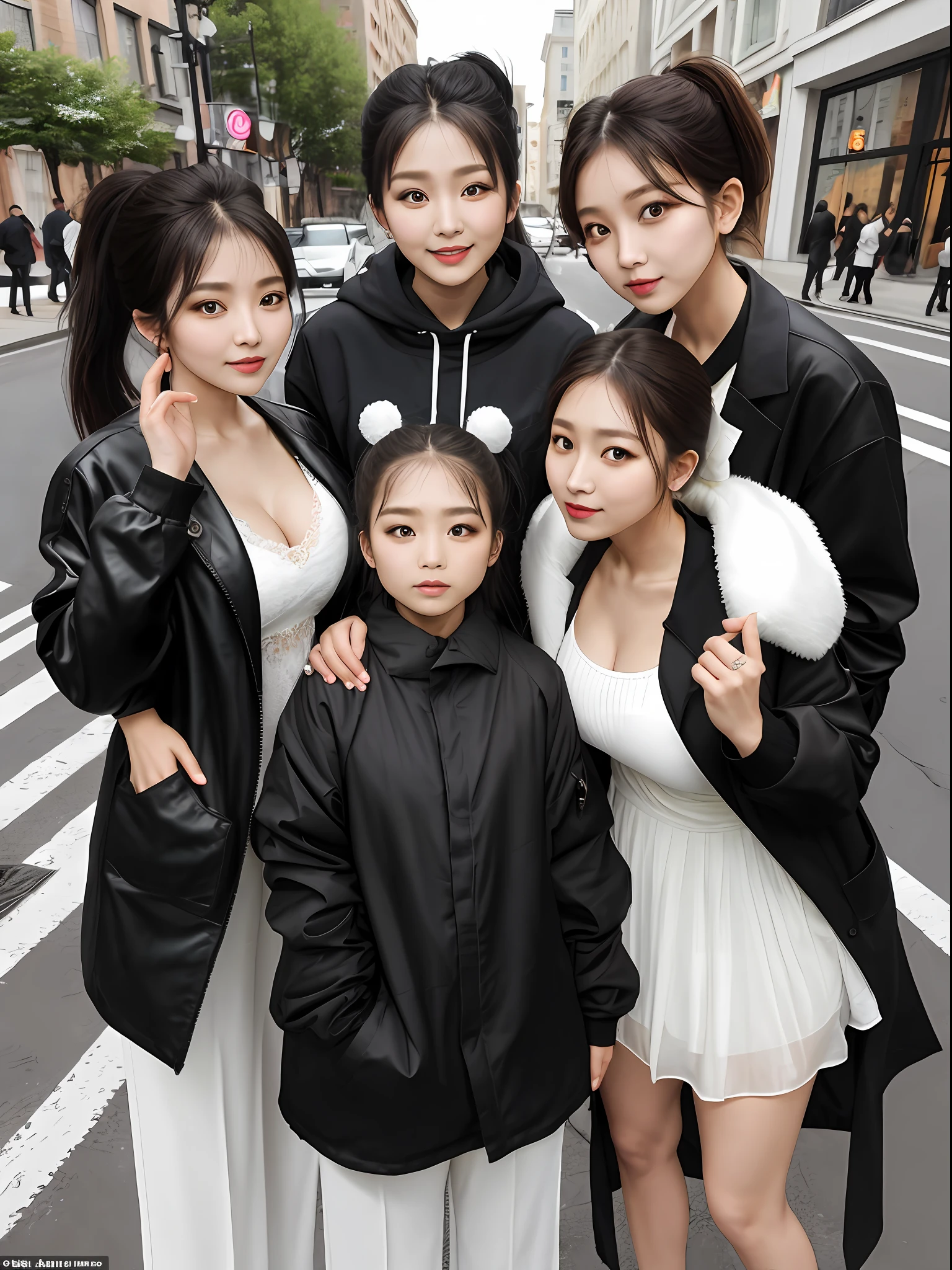 photo of 3 charming woman, ((big breasts)), loose and oversized black jacket, white lace cami, (beige chiffon trousers,:1), (Kpop idol), (aegyo sal:1), (light brown short ponytail: 1.2), ((puffy eyes)), looking at the audience, no bra, no panties, street smile, cute, full body, street, outdoor, best quality, super high resolution, (realism: 1.4),