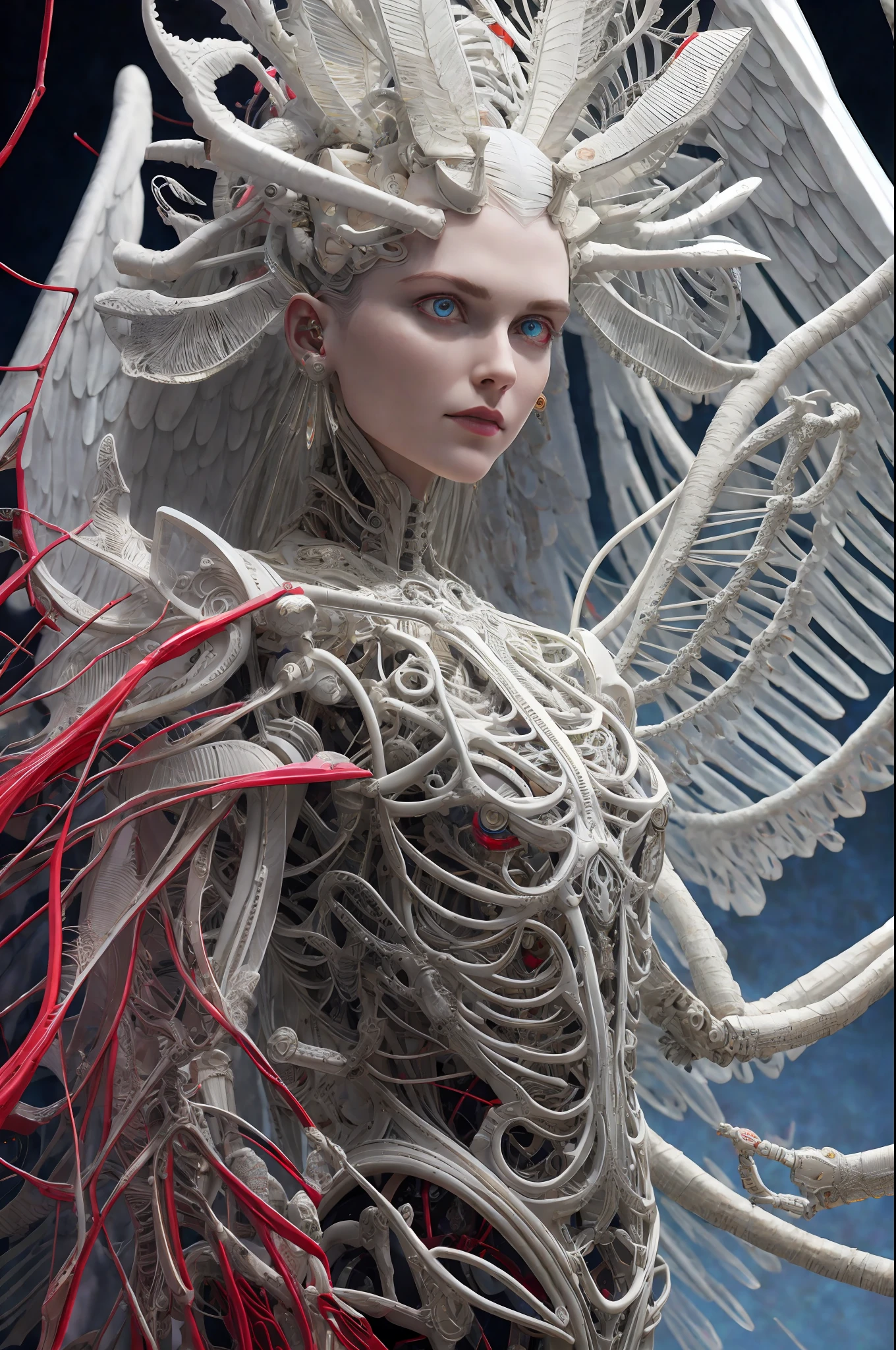 Intricate 3d rendering ultra-detailed beautiful angel of death, biomechanical robot, simulated 150mm lens, beautiful natural soft edge light, neon veins, roots, delicate leaf lace, colorful details, Boris Bidjan Saberi costume, pearl earrings, piercings, art nouveau fashion embroidery, intricate details, mesh lines, Mandelbrot fractals, facial muscles, cables, microchips, villains, surreal, ultra-detailed, octane, volumetric lighting, 8k and post-production, red The white has a little bit of black, Metal Skeleton Details, Half-Human, Iridescent, Glenn Brown Style, Futuristic Room, Power of God, High Angle Shot, Complex Body Poses