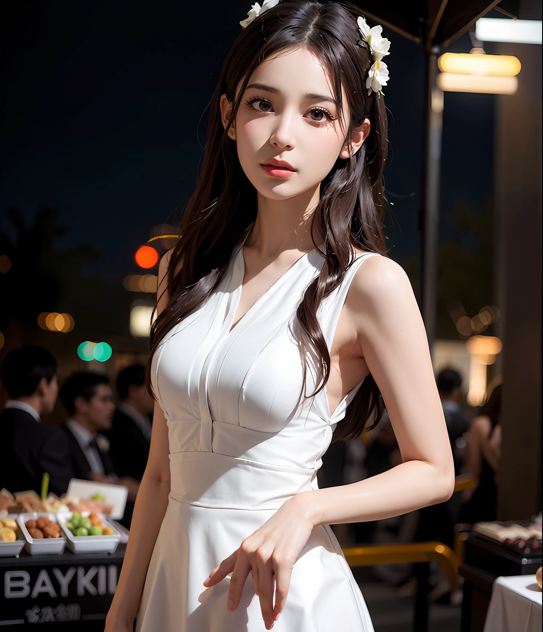 1girl,Sweet girl, princes,college uniform, Natural, Elegant,Cute,(perfect big eyes:1.2),black long hair,Perfect nose, small chest, holding flowers,extreme hand details,cute,(at the night market),RAW,16k,(masterpiece:1.5), best quality, intricate details,ultra highres,extremely detailed, wallpaper,Unreal 5 Engine ,ray tracing,Artstation extreme artistic detail,dynamic lighting,extremely detailed,(photorealistic:1.5),sharpen,depth of field, complex 3d render ultra detailed,octane render,Completed facial features,