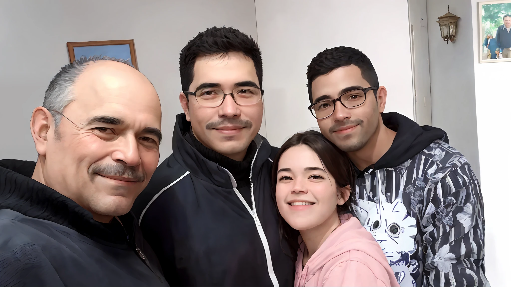 there are three men and a woman posing for a picture, happy family, facebook post, picture, profile image, profile pic, family portrait, reddit post, very very low quality picture, album photo, foto realista, paul pepera pablo roldan, profile picture, profile picture 1024px, a picture, group photo, family photo, profile photo