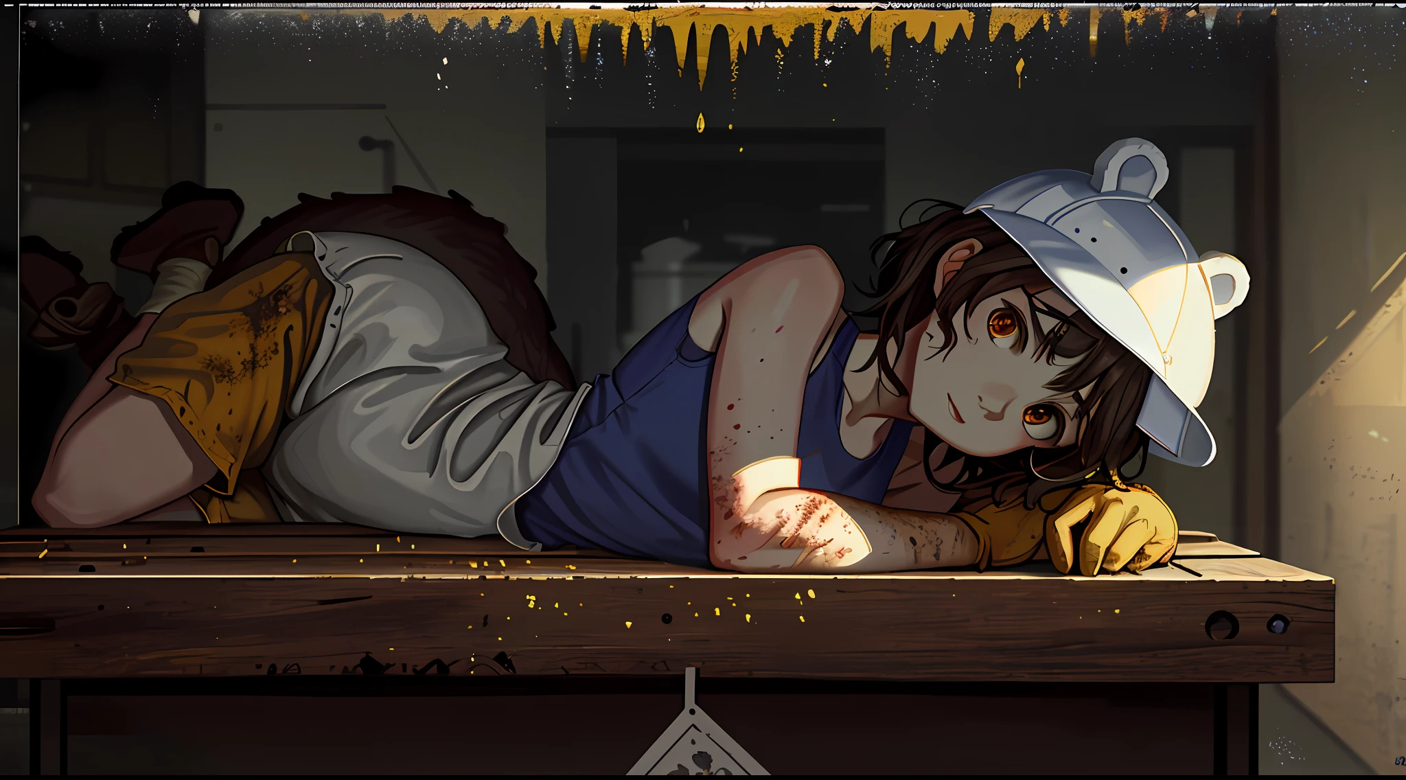 masterpiece,best quality,(front view),(worm eyes view),worm eye perspective, low angle,kemono, anthro (bear), male, (bear), worker,worker uniform,(restroom),urinals,brown body,white belly,delicate eyes,sweaty,(dirty and muddy white (tank top)):1.2,yellow safety helmet,wearing (safety helmet):1.3,jeans,pants (((half off))),((dirty) white underwear),urine stain,sweat,dirty,gloves,panting,satisfying expression,(stare into space),depth of field,detailed tooth,correct anatomy, correct hand,,hd, dim ,dark,dark shadows, light against dark,cinematic, dramatic light,wide dynamic range, hdr, low light:1.2, by Pino Daeni, (by ruaidri), by virtyalfobo