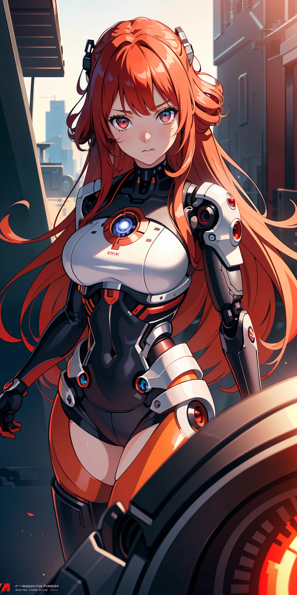 (extremely detailed CG unity 8k wallpaper), (finely detailed beautiful eyes: 1.2), (1 girl), (cyborg:1.3), (high-tech), (long crimson hair:1.2), embarrassed, (anime:1.2), Futurism, depth of field, (masterpiece:1.2), (best quality), 4K, high details