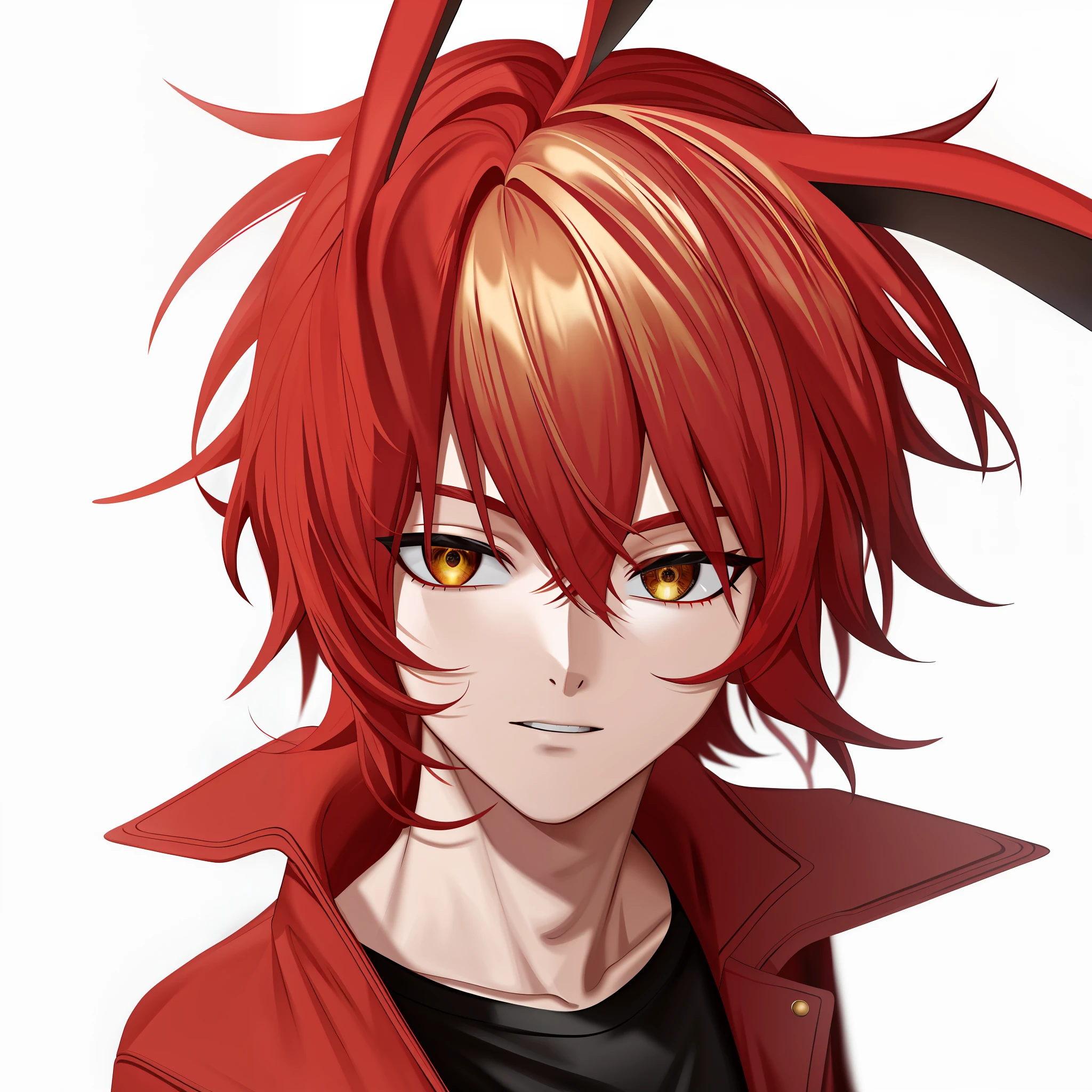 Masterpiece, best quality, teenager, red hair, blond bangs, golden eyes, handsome boy, rabbit ears, black t-shirt, red coat, low saturation