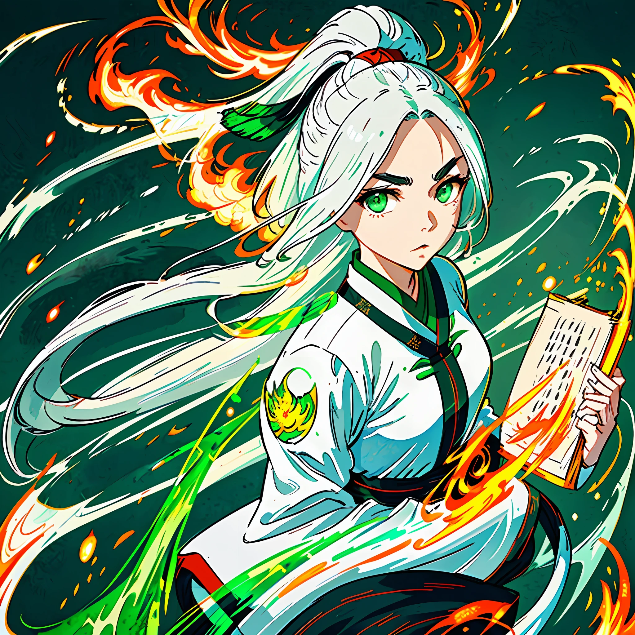 Flowing ink painting style,Snake Clan Girl,ultra-clear face close-up,Magnifi-
cent epic scenes,exquisite face,clear eyebrows and eyes,phoenix eye,flying
hair,fair skin,Dark green emerald,wearing white clothes,POV view,flowing
sleeves,Fluorescent green,dynamic fire inbackground,blank-leaving,huge
Chineseblade attacking the viewer